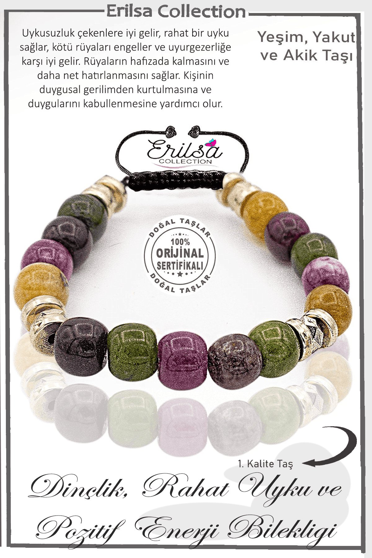 Sertifikalı AAA+  Dinçlik Rahat Uyku Pozitif Enerji Bilekliği - Hematit Yeşim Yakut Akik Taşı