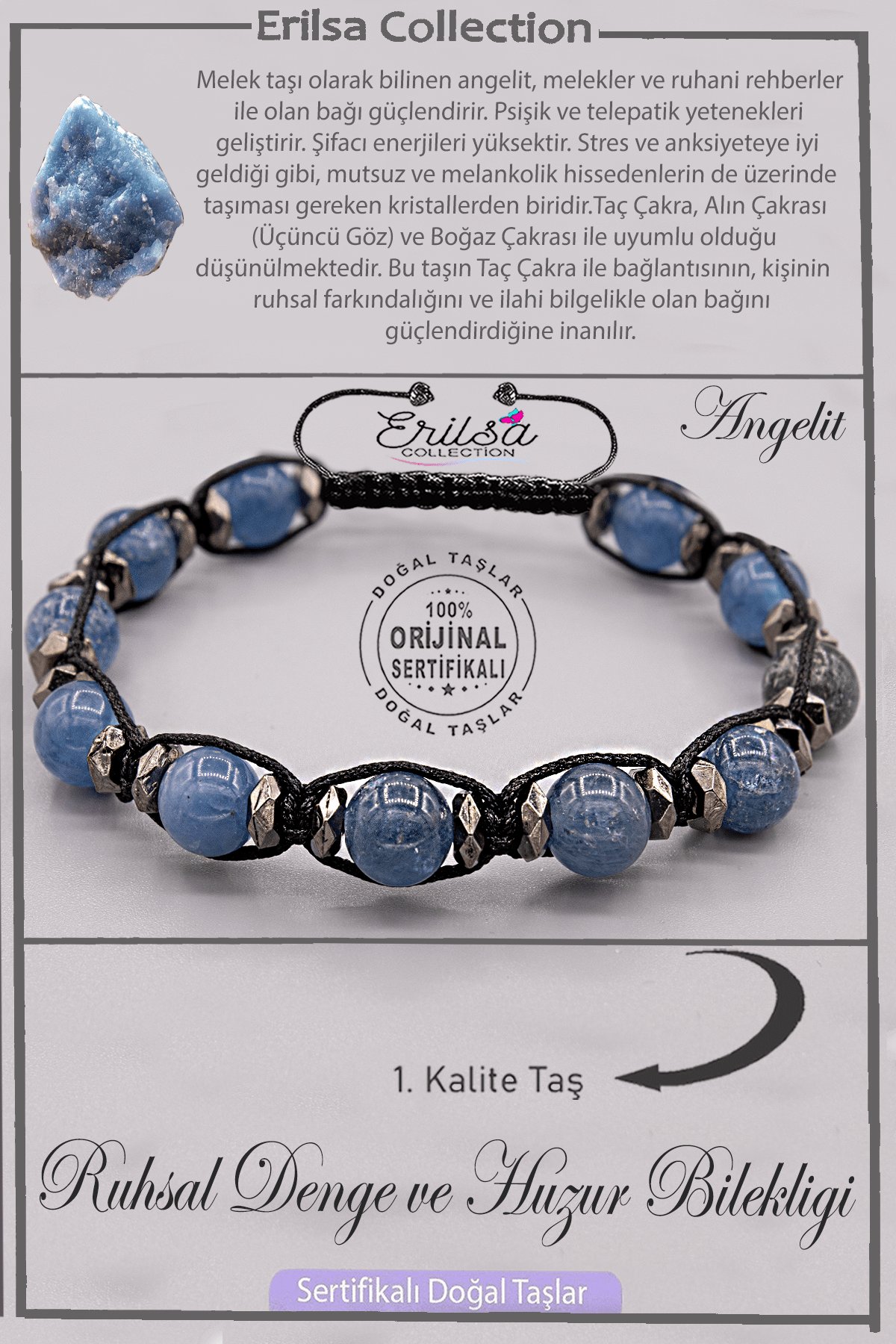 Sertifikalı AAA+ Kalite Doğal Angelit Taşı Ruhsal Denge ve Huzur Bilekliği - Melek Taşı