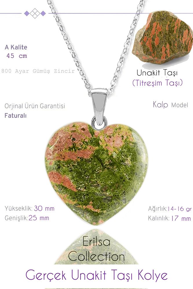 Sertifikalı Kalp Model Unakit Taşı Kolye