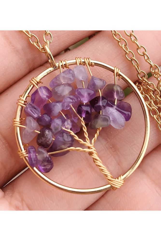 Sertifikalı Gold Ametist Taşı Hayat Ağacı Kolye