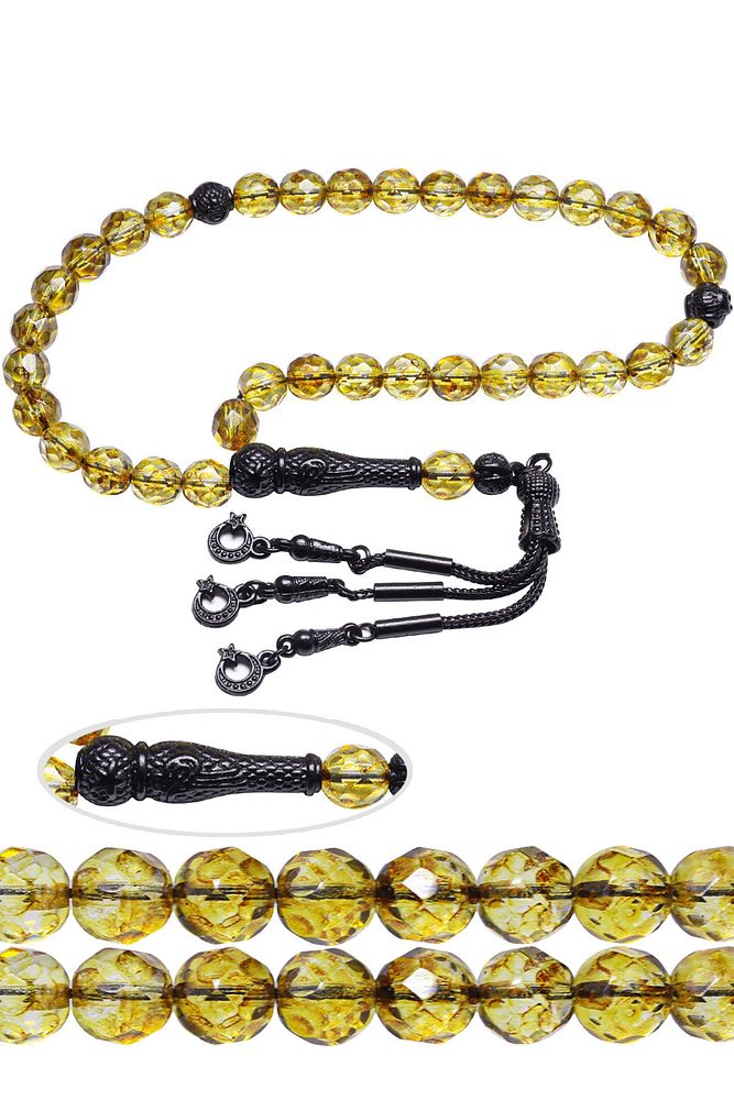 Sertifikalı Siyah Nikel Püsküllü Doğal Sarı Kuvars Taşı Tesbih