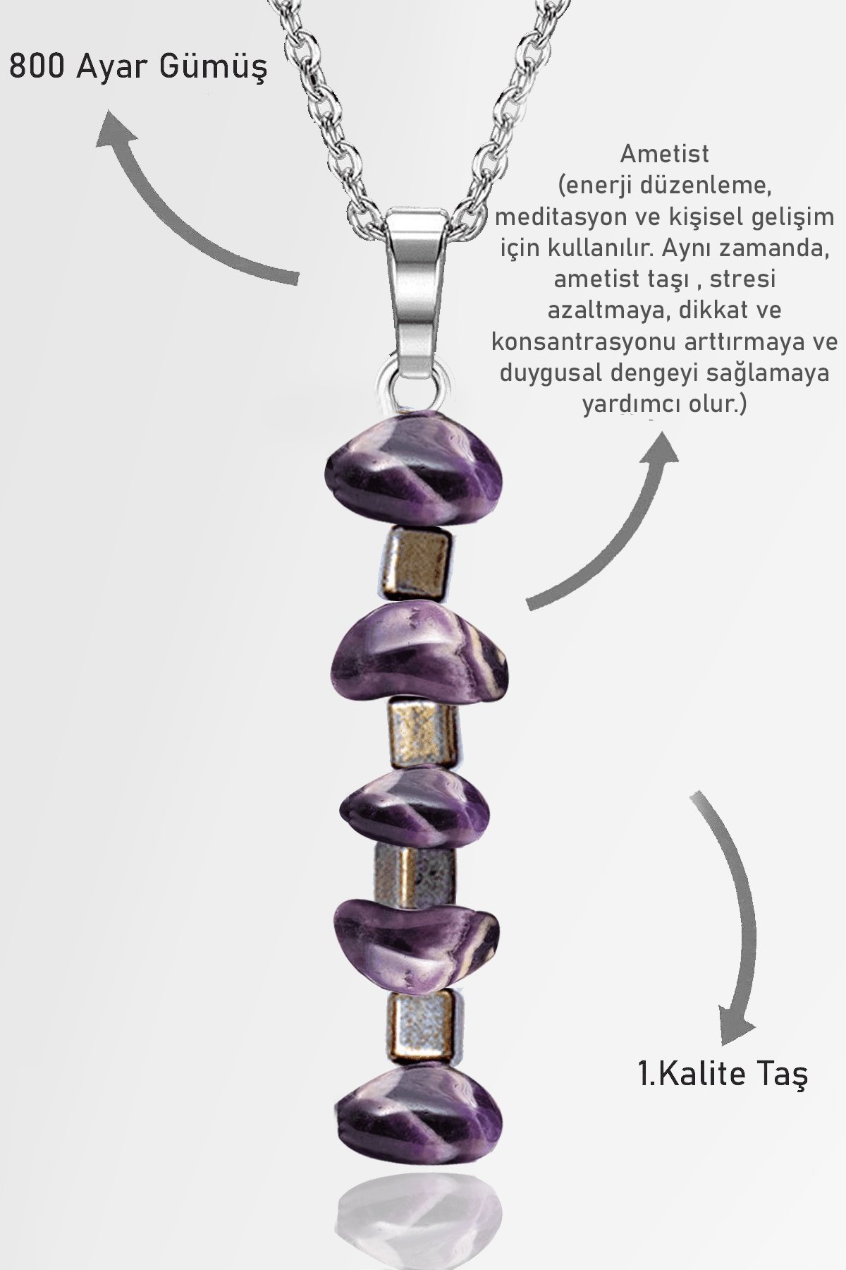 Sertifikalı AAA+ Kırık Taşlı Model Ametist Taşı Kolye
