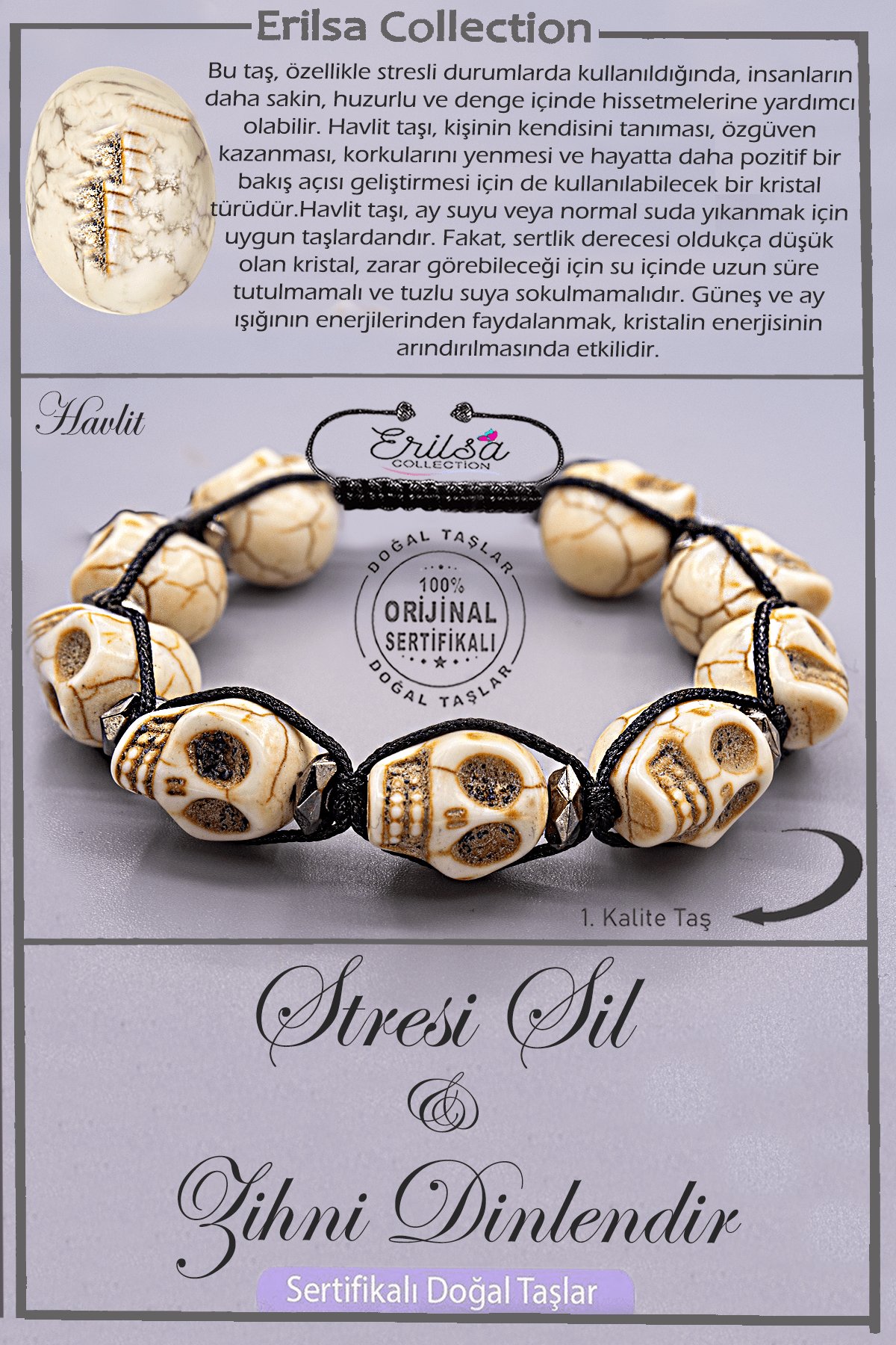 Sertifikalı Kuru Kafa Model AA Kalite Terahertz - Havlit Taşı Bileklik Stresi Sil Zihnini Dinlendir