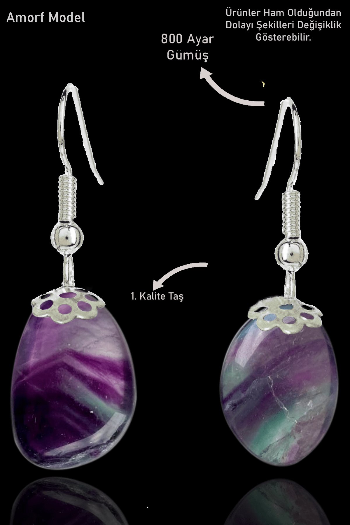 Sertifikalı Amorf Model Ham Mor Florit Taşı Küpe