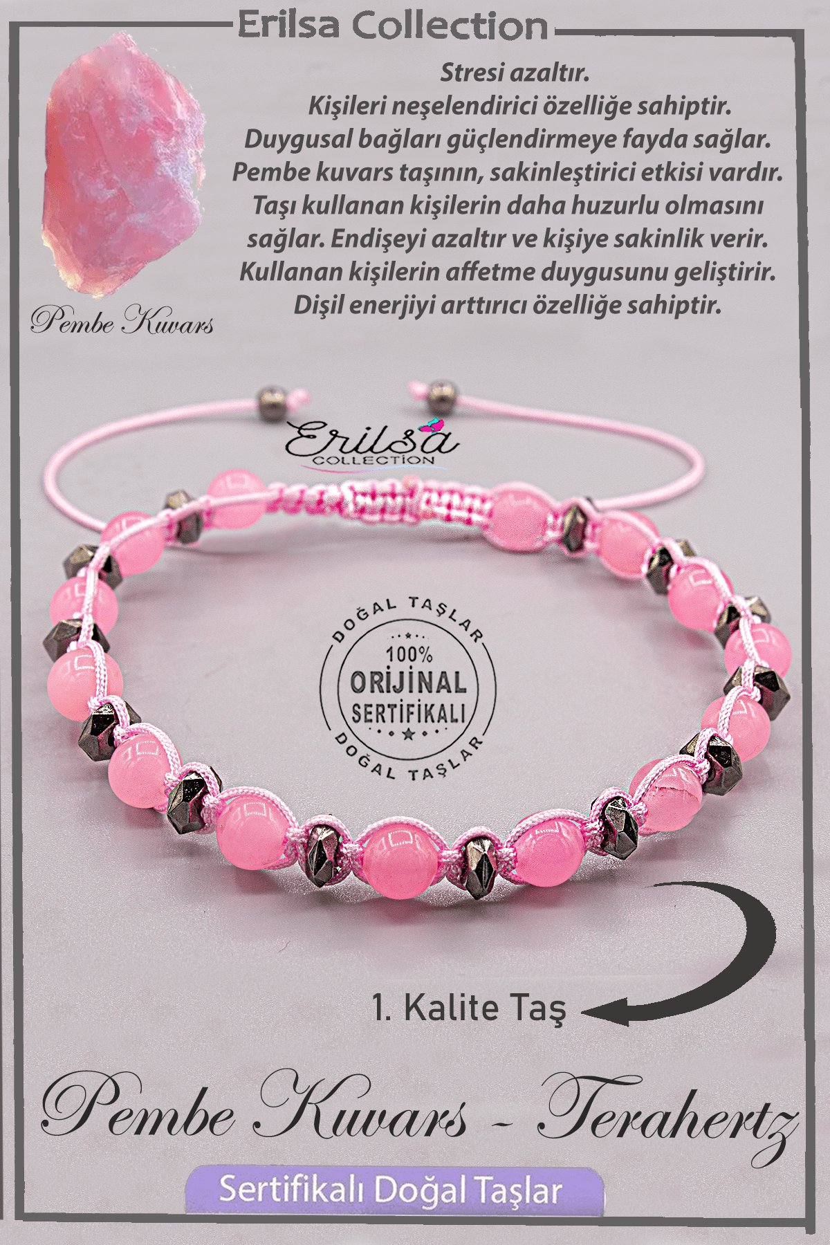 Sertifikalı AAA+ Kalite Gerçek Terahertz - Pembe Kuvars Taşı Bileklik