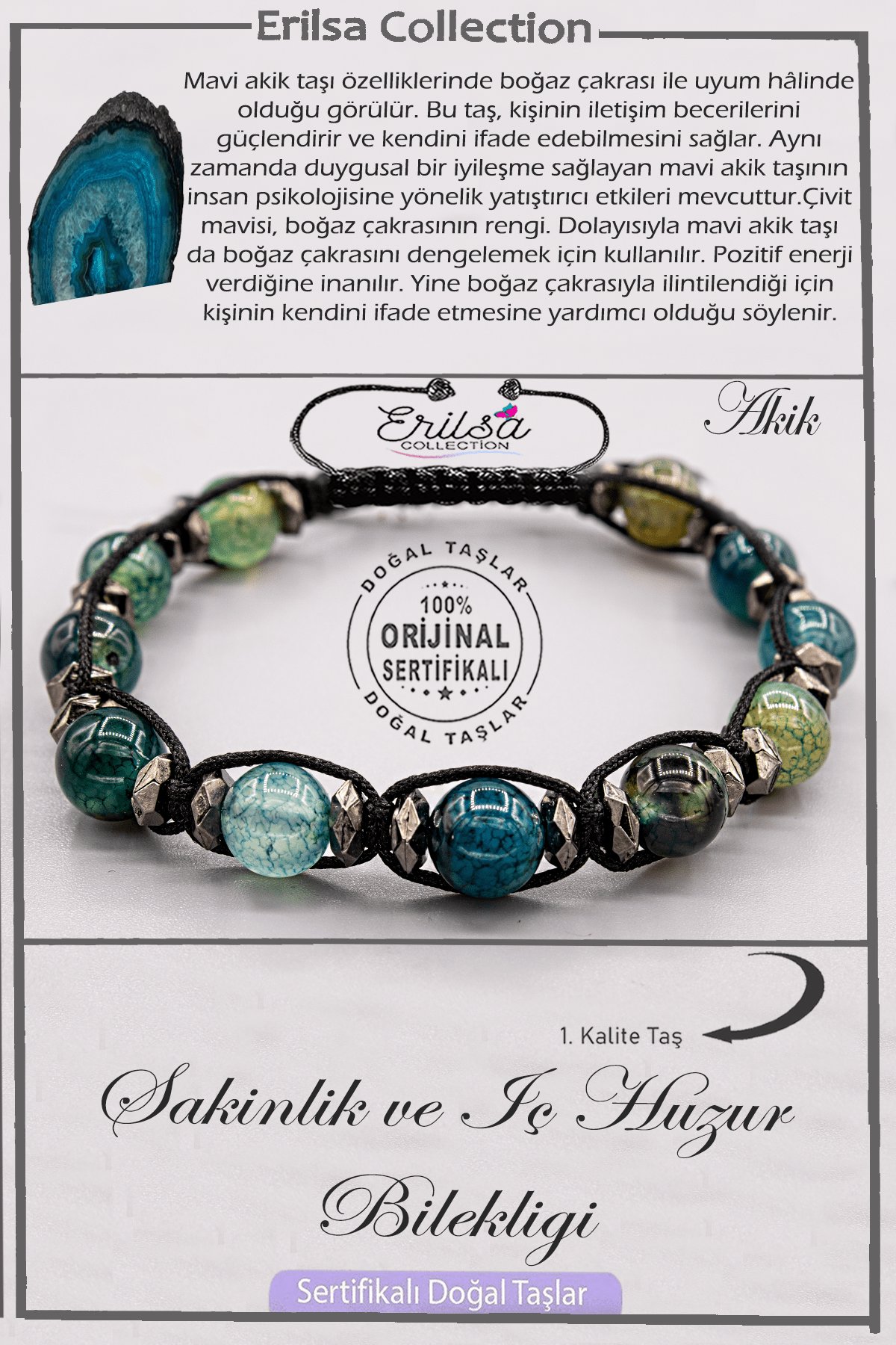 Sertifikalı AAA+ Doğal Terahertz - Mavi Akik - Sakinlik ve İç Huzur Bilekliği