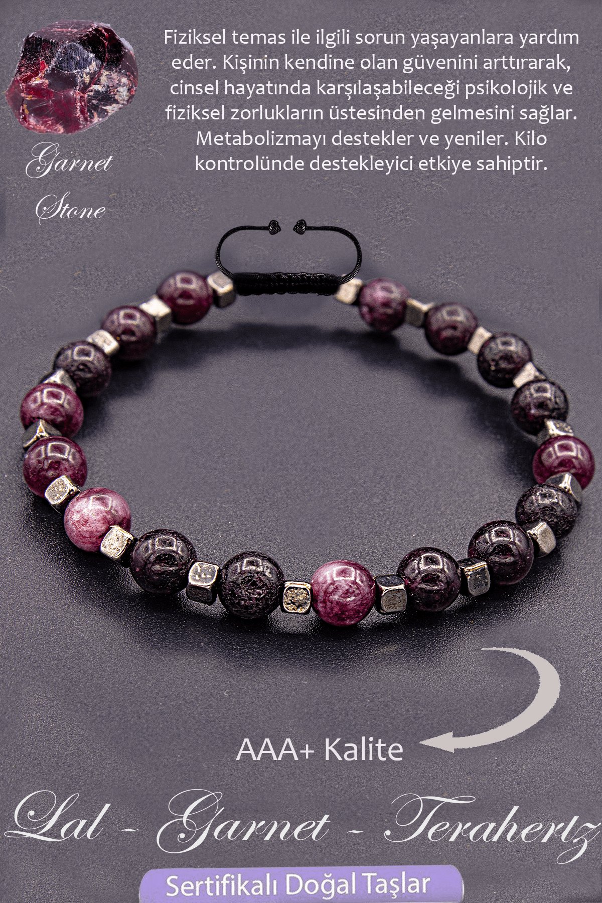 Sertifikalı AAA+ Kalite Gerçek Terahertz - Lal Garnet Granat Taşı Bileklik