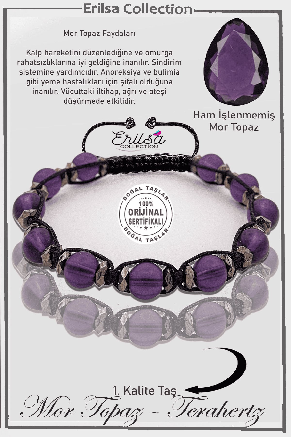 Sertifikalı Ham İşlenmemiş Terahertz - Mor Topaz Taşı Bileklik