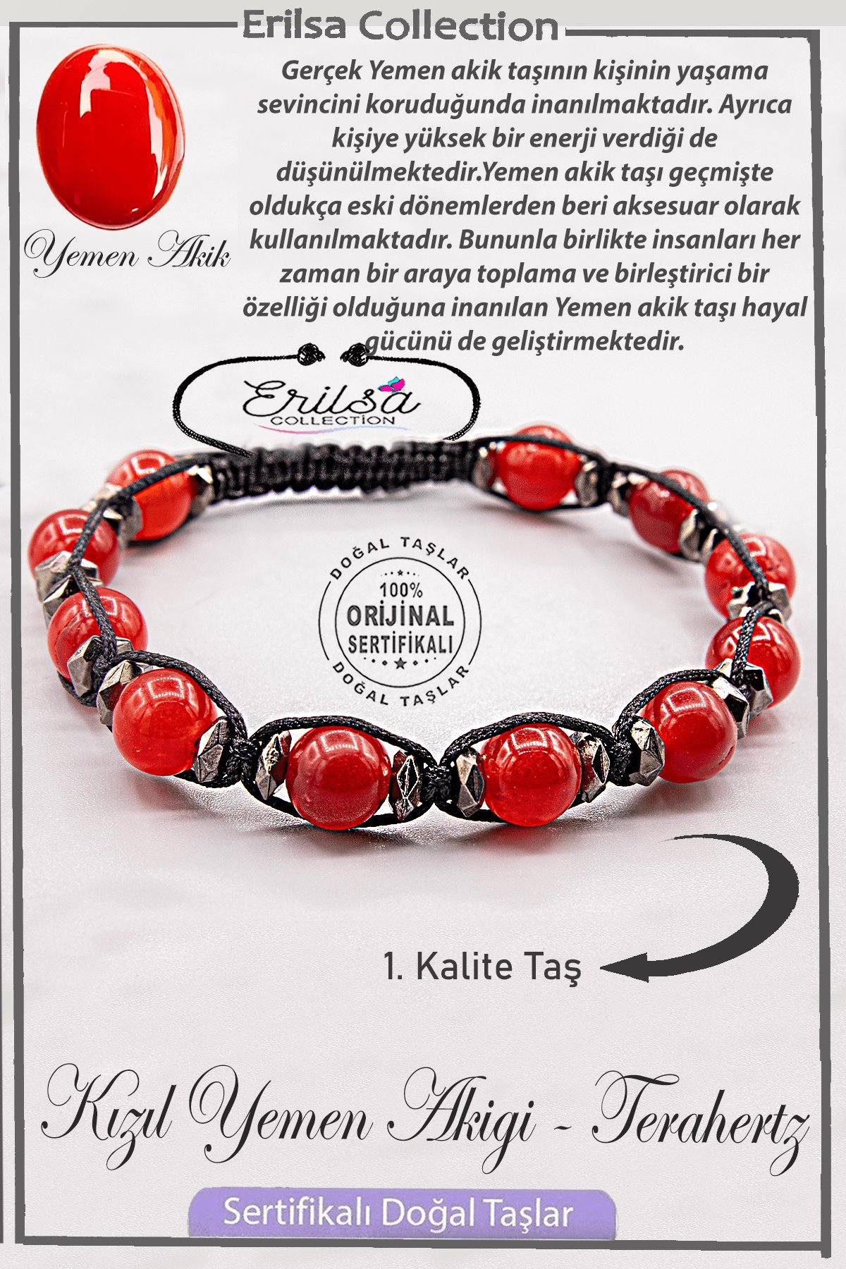 Sertifikalı AAA+ Kalite Gerçek Terahertz - Kızıl Yemen Akik Taşı Bileklik - Yemen