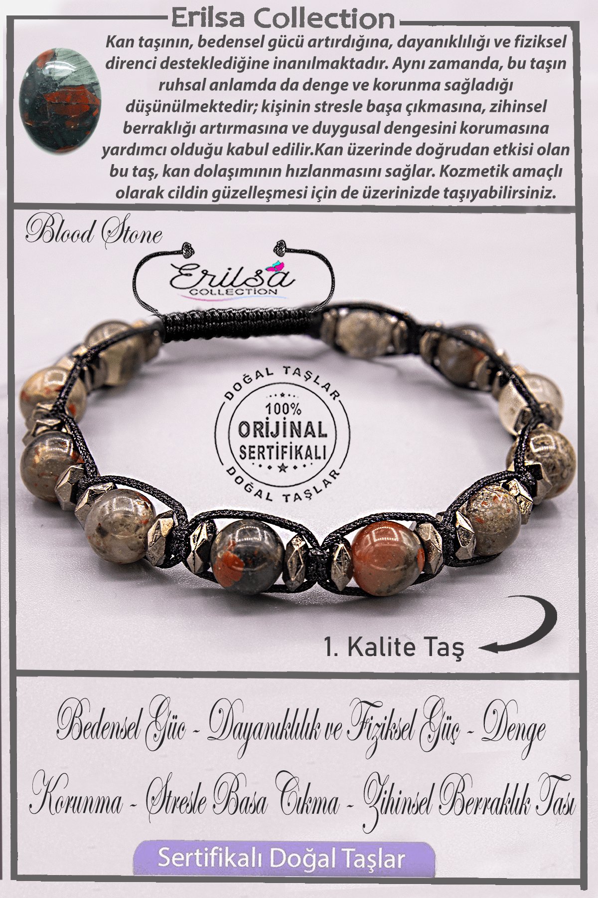 Sertifikalı AAA+ Kalite Gerçek Terahertz - Kan Taşı Bileklik - Heliotrop