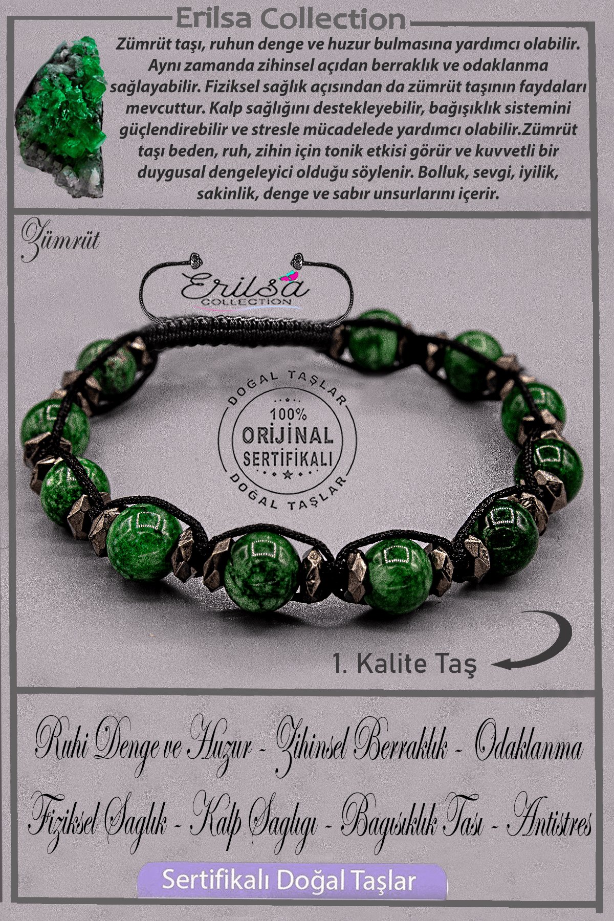 Sertifikalı AAA+ Kalite Gerçek Terahertz - Zümrüt Taşı Bileklik - Ayarlamalı