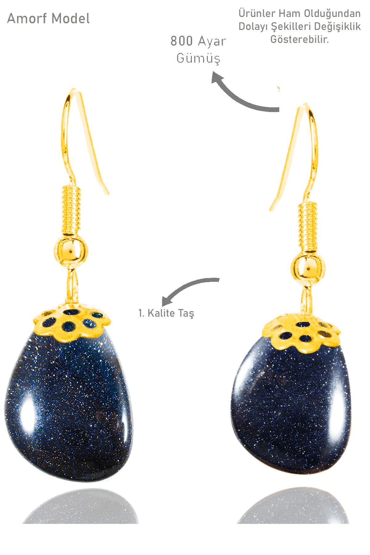 Sertifikalı Amorf Model Ham Mavi Yıldız Taşı Küpe - Gold Renkli