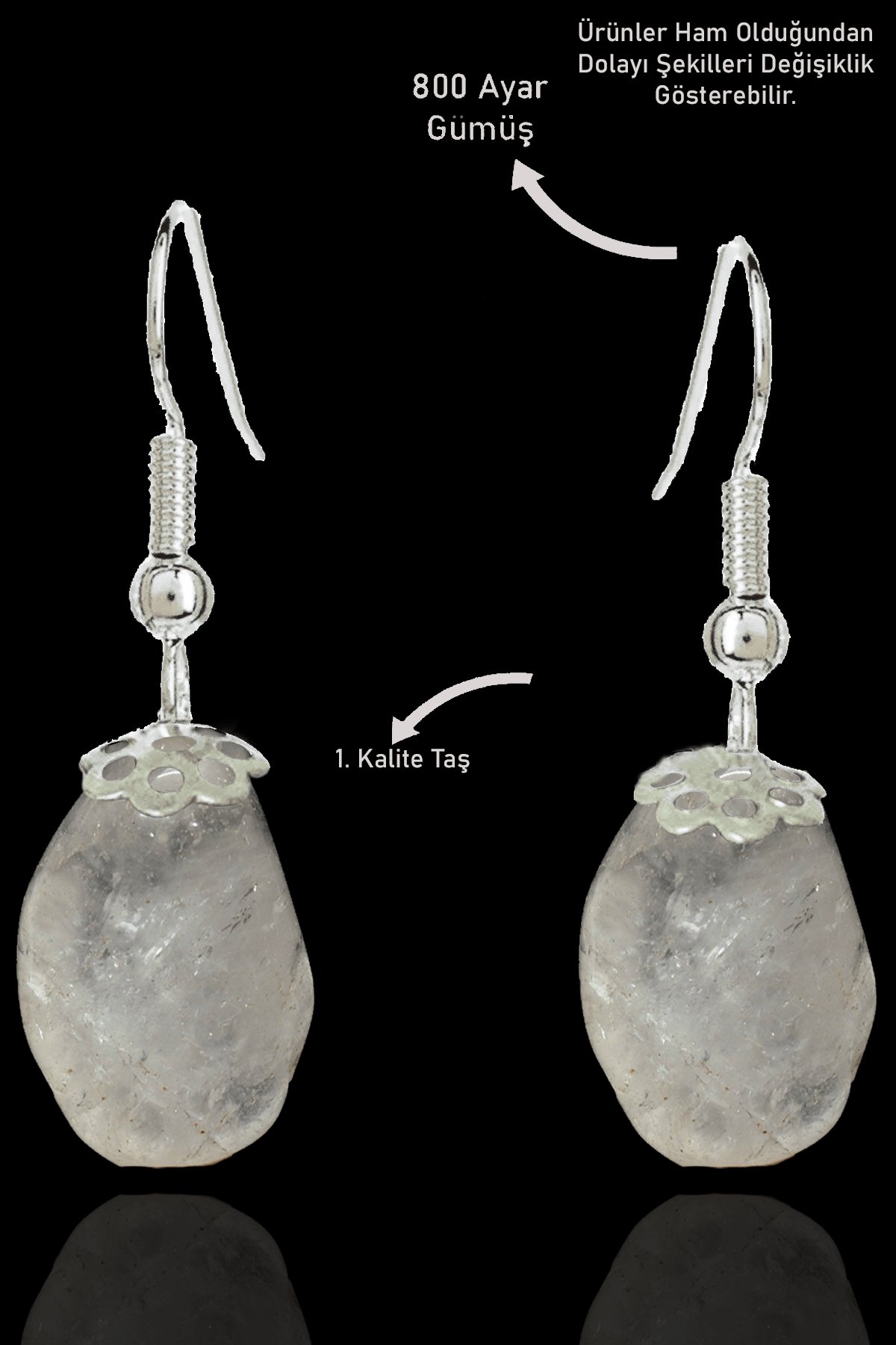 Sertifikalı Amorf Model Ham Kristal Kuvars Taşı Küpe