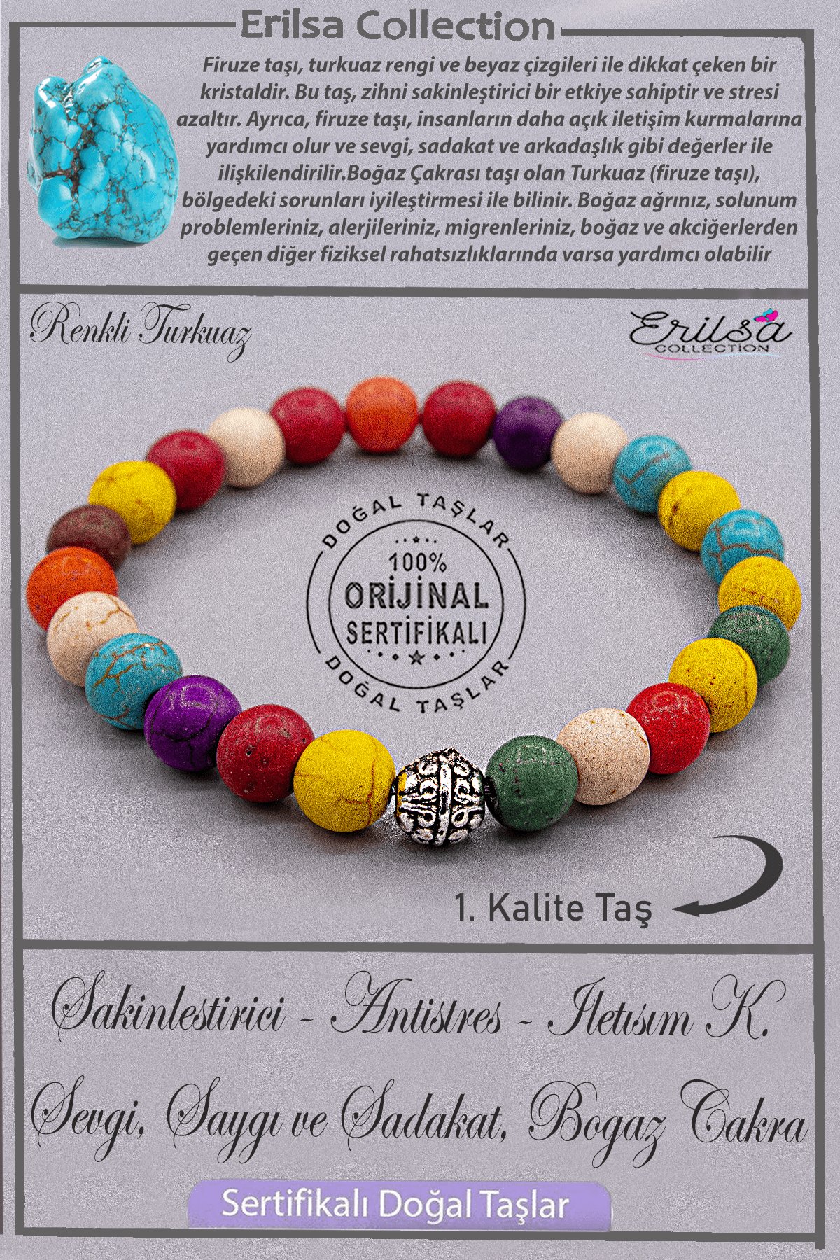 Sertifikalı AAA+ Kalite Gerçek Renkli Turkuaz Taşı Bileklik - Gümüş Aparatlı