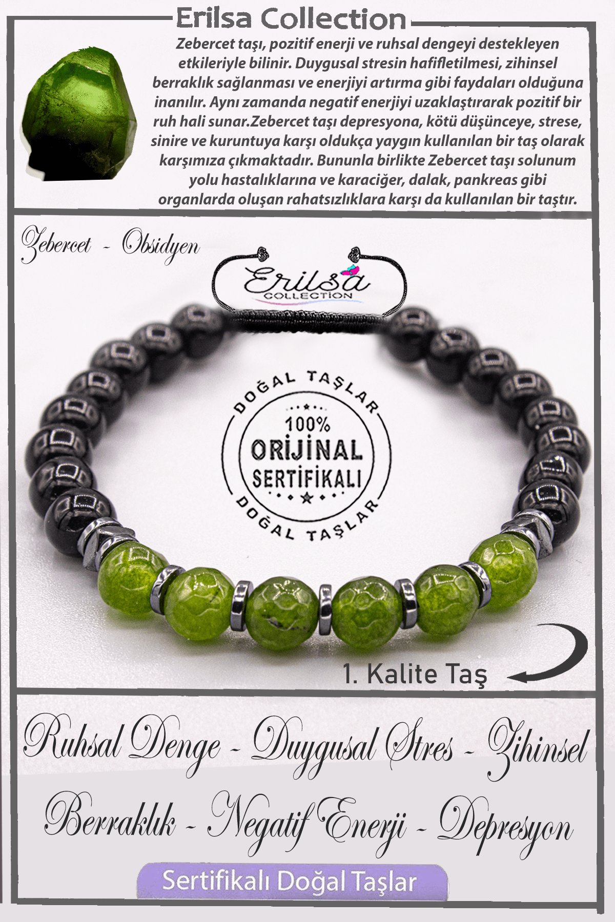 Sertifikalı AAA+ Kalite Gerçek Obsidyen - Zebercet Taşı Bileklik - Ayarlamalı