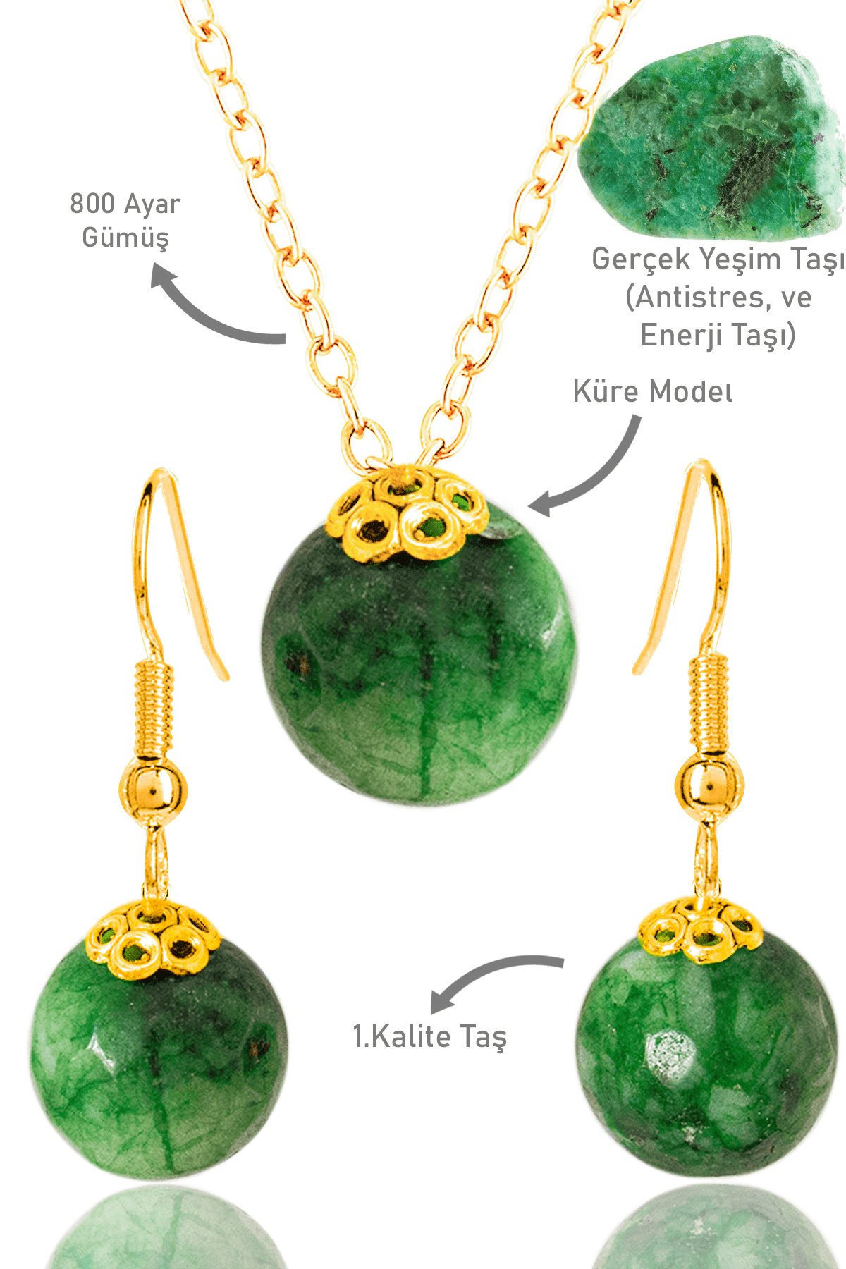 Sertifikalı Küre Model Fasetli Yeşim Taşı Kolye ve Küpe Seti - Gold Renkli