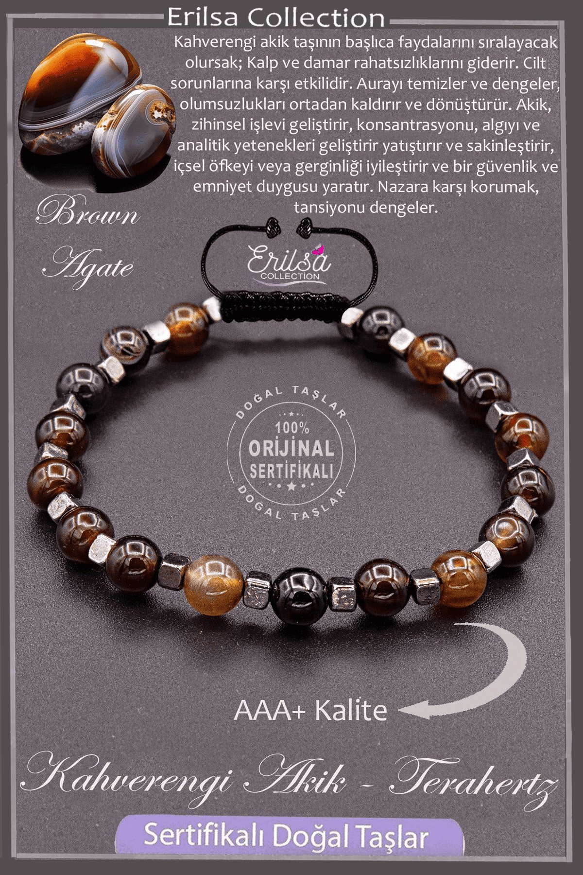 Sertifikalı AAA+ Kalite Gerçek Terahertz - Kahverengi  Akik Taşı Bileklik