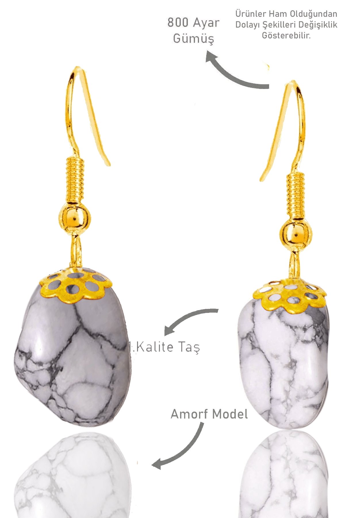 Sertifikalı Amorf Model Ham Havlit Taşı Küpe - Gold Renkli