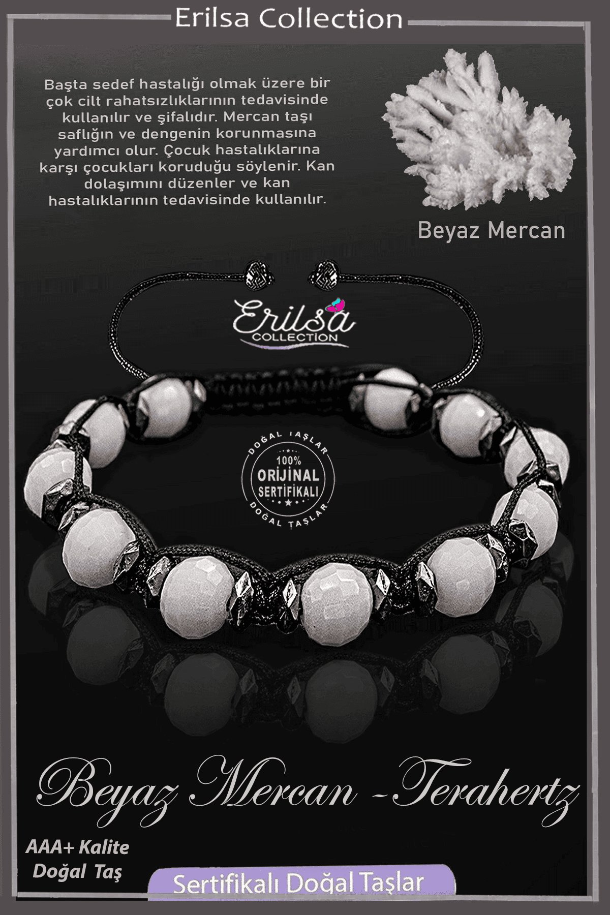 Sertifikalı Terahertz - Fasetli Beyaz Mercan Taşı Bileklik - Ayarlamalı