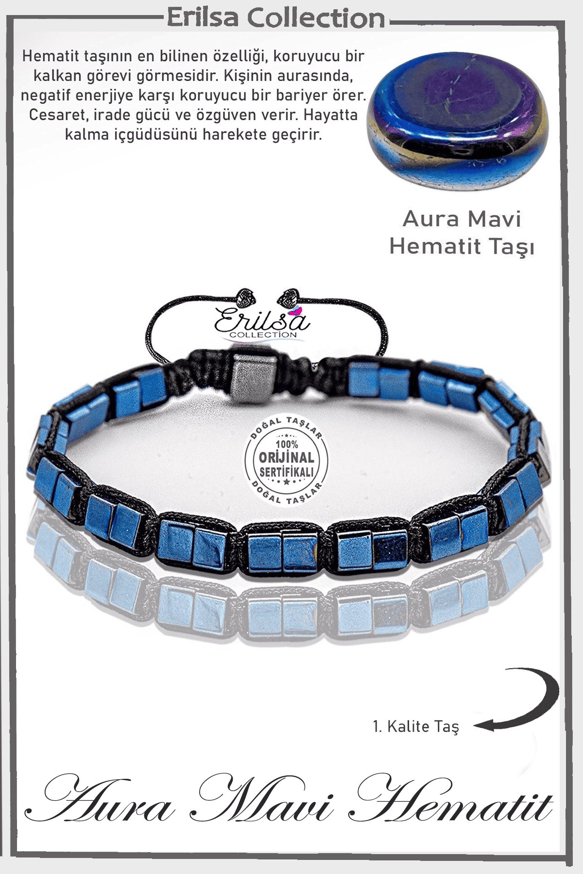 Sertifikalı AAA+ Küp Model Gerçek Mavi Aura Hematit Taşı Bileklik