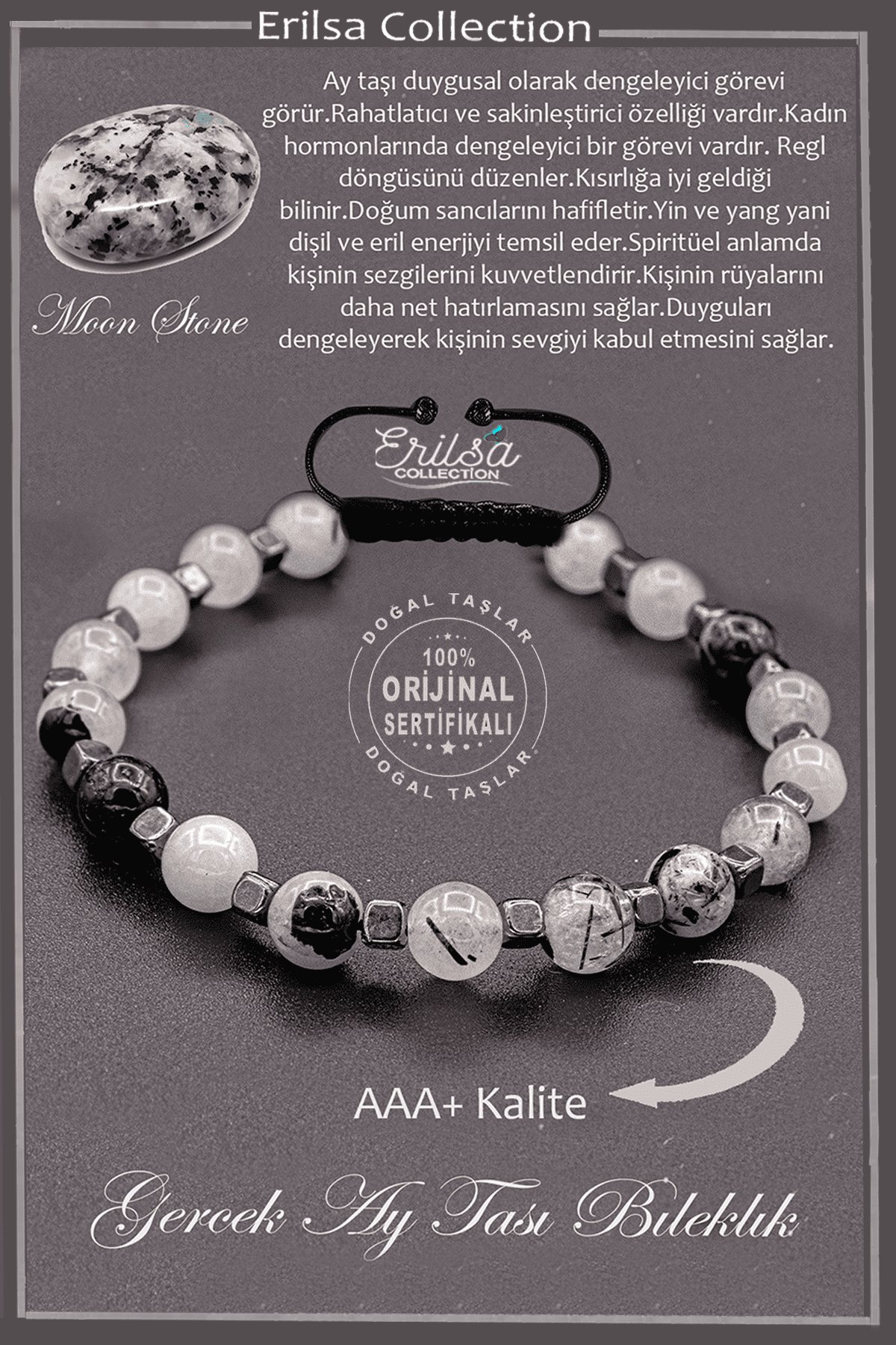 Sertifikalı AAA+ Kalite Gerçek Terahertz - Ay Taşı Bileklik