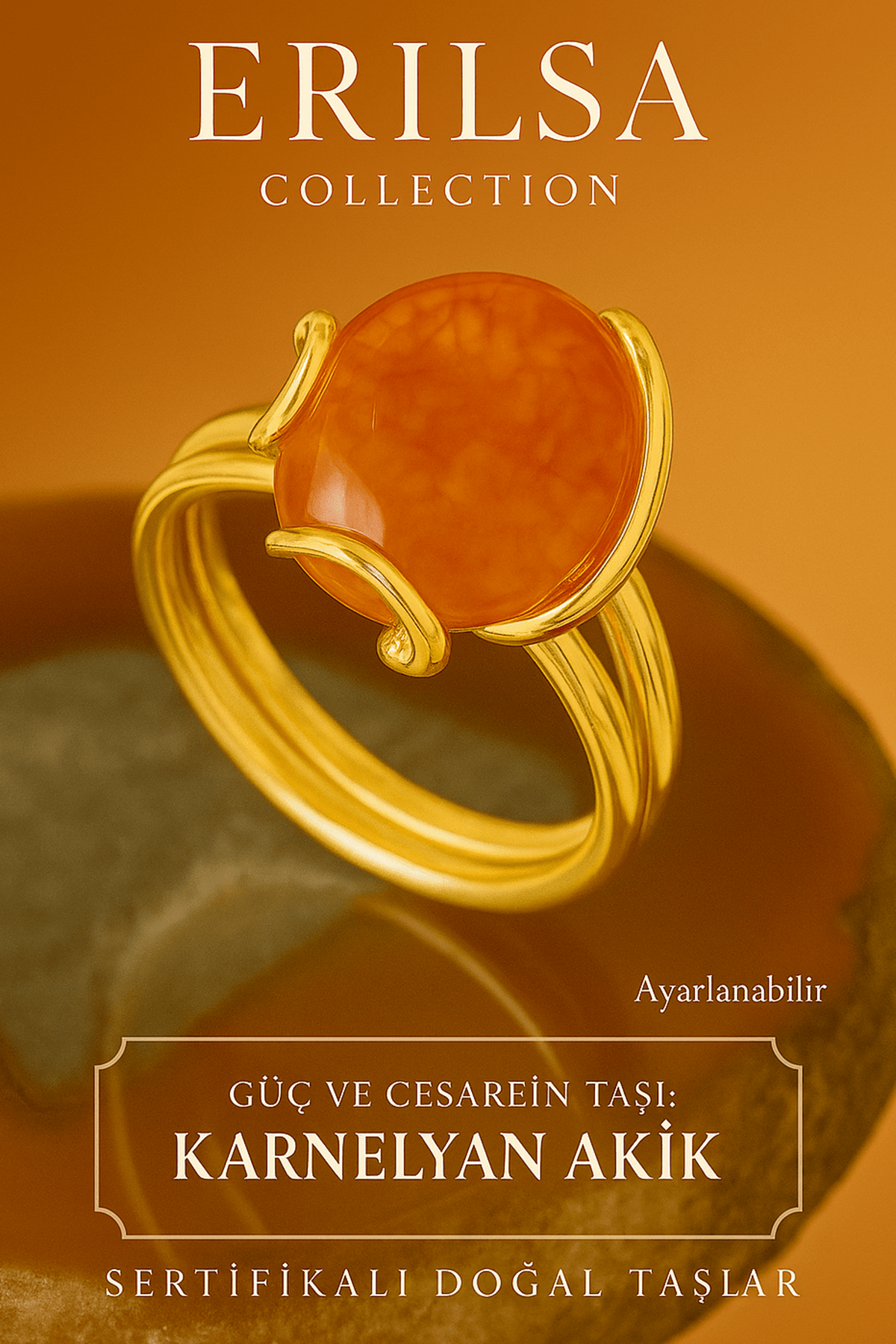 Sertifikalı Gold Rokoko Model Karneol - Karnelyan Akik Taşı Yüzük