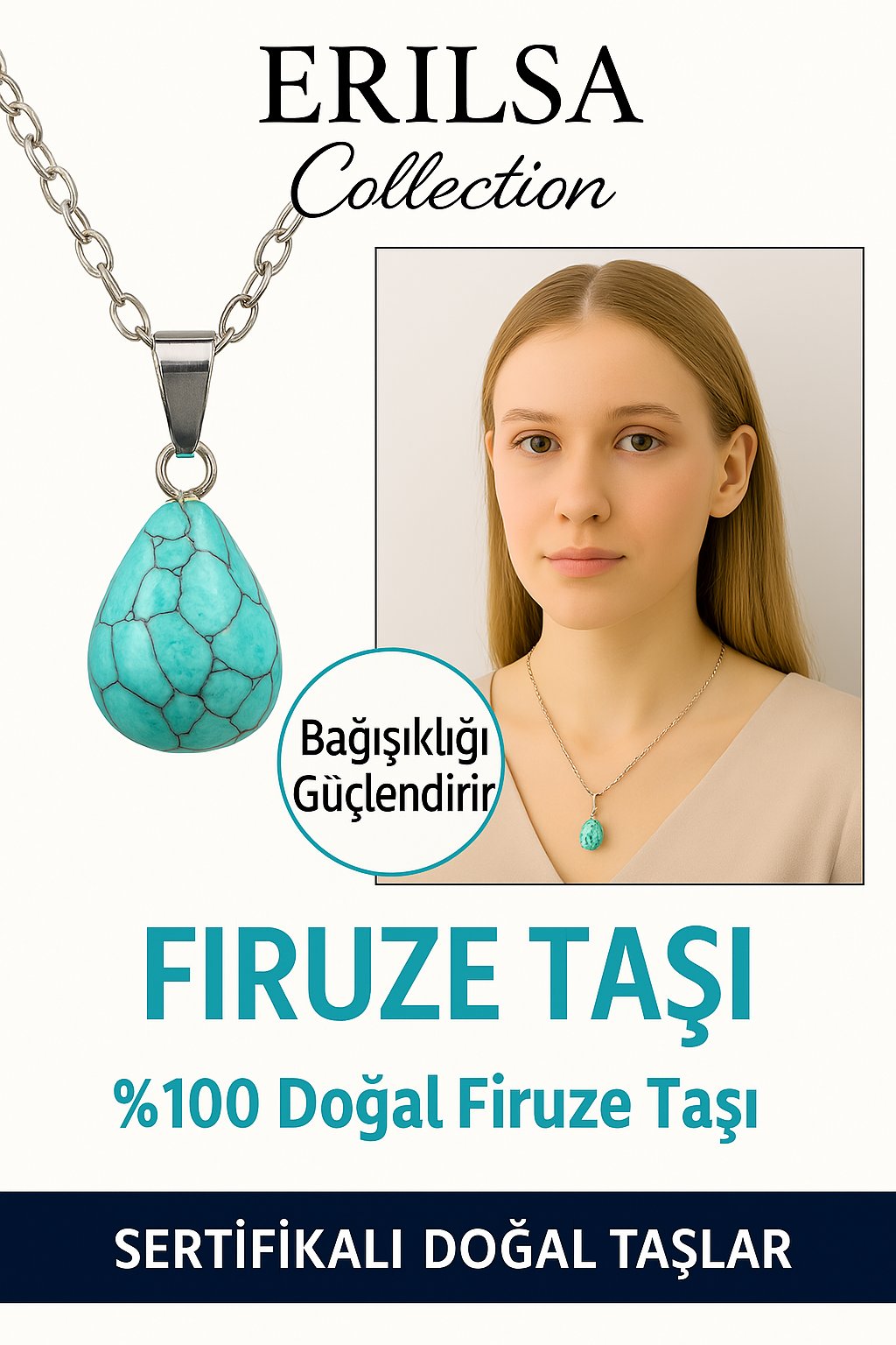 Sertifikalı Damla Model Firuze Taşı Kolye – Koruma, İletişim ve Huzur Turkuaz Taşı