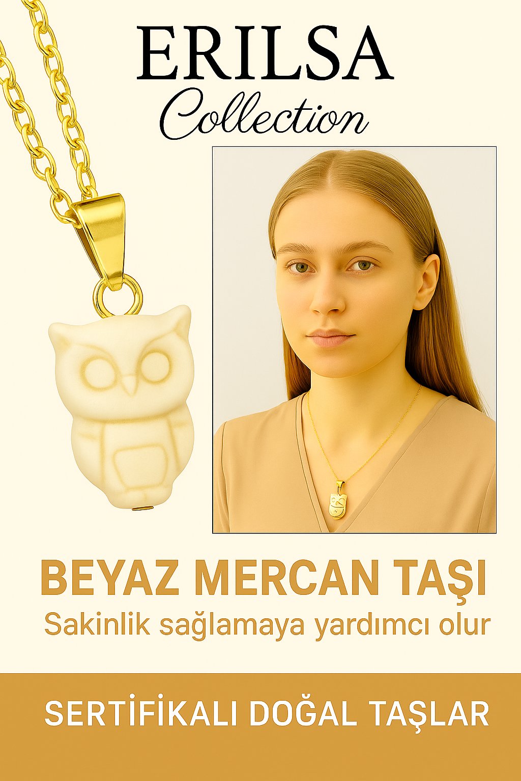 Sertifikalı Baykuş Model Beyaz Mercan Taşı Kolye – Bilgelik, Saflık ve Ruhsal Koruma Taşı