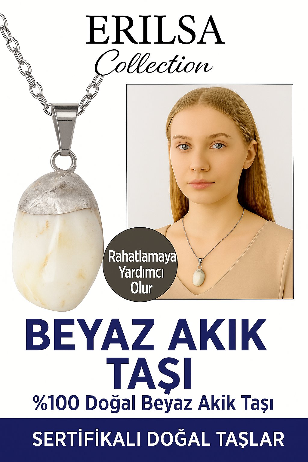 Sertifikalı Beyaz Akik Taşı Kolye – İç Huzur, Denge ve Negatif Enerji Koruma Taşı