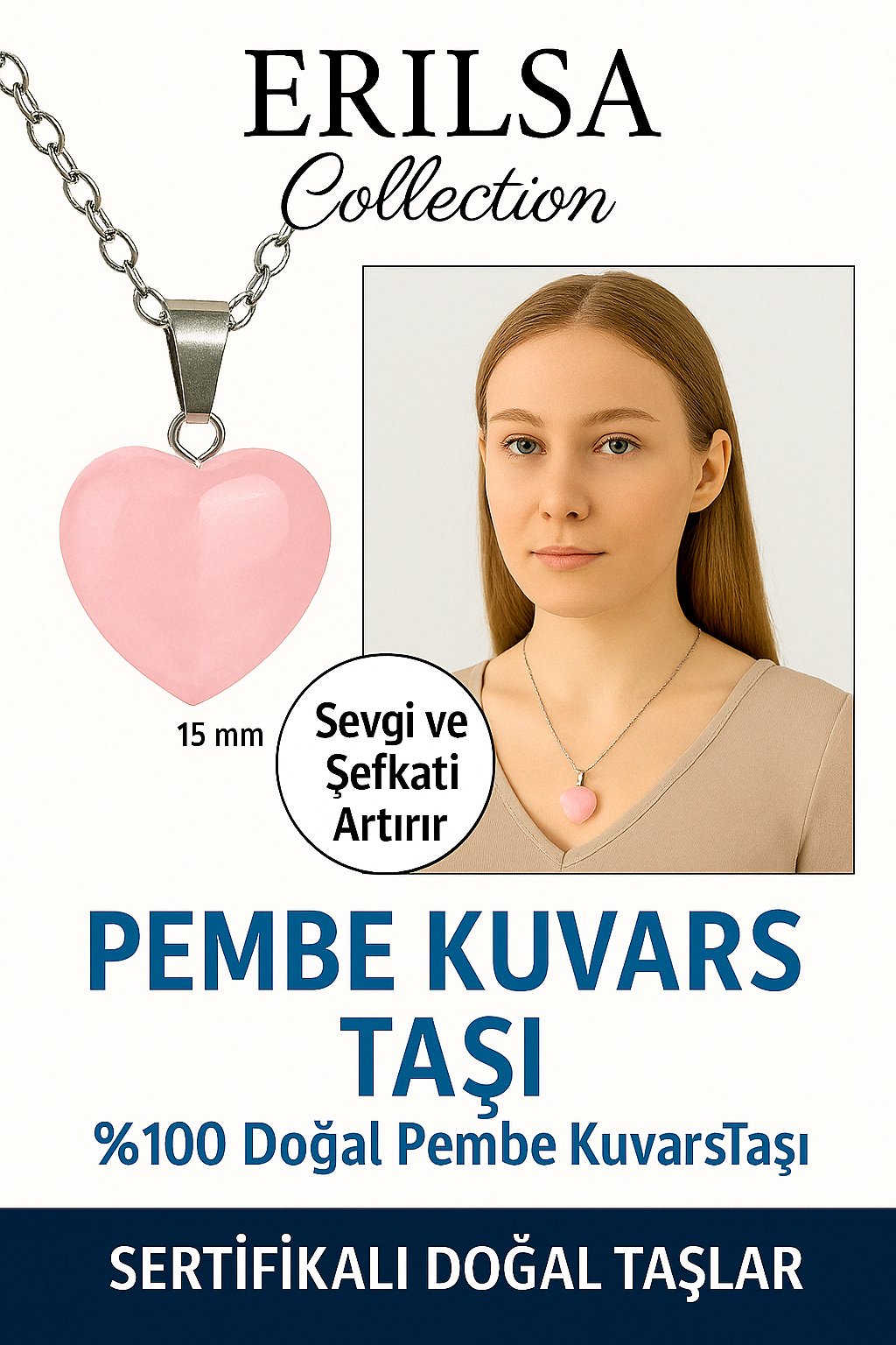 Sertifikalı Kalp Model Mini Pembe Kuvars Taşı Kolye – Sevgi, Şefkat ve Duygusal Şifa Taşı