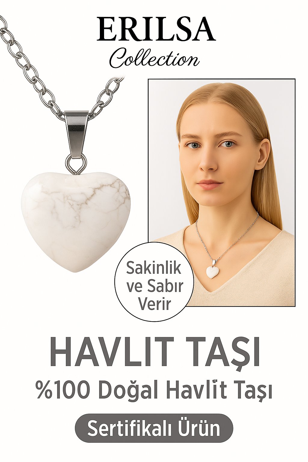 Sertifikalı Kalp Model Havlit Taşı Kolye – Zihin Sakinliği ve İçsel Huzur Taşı