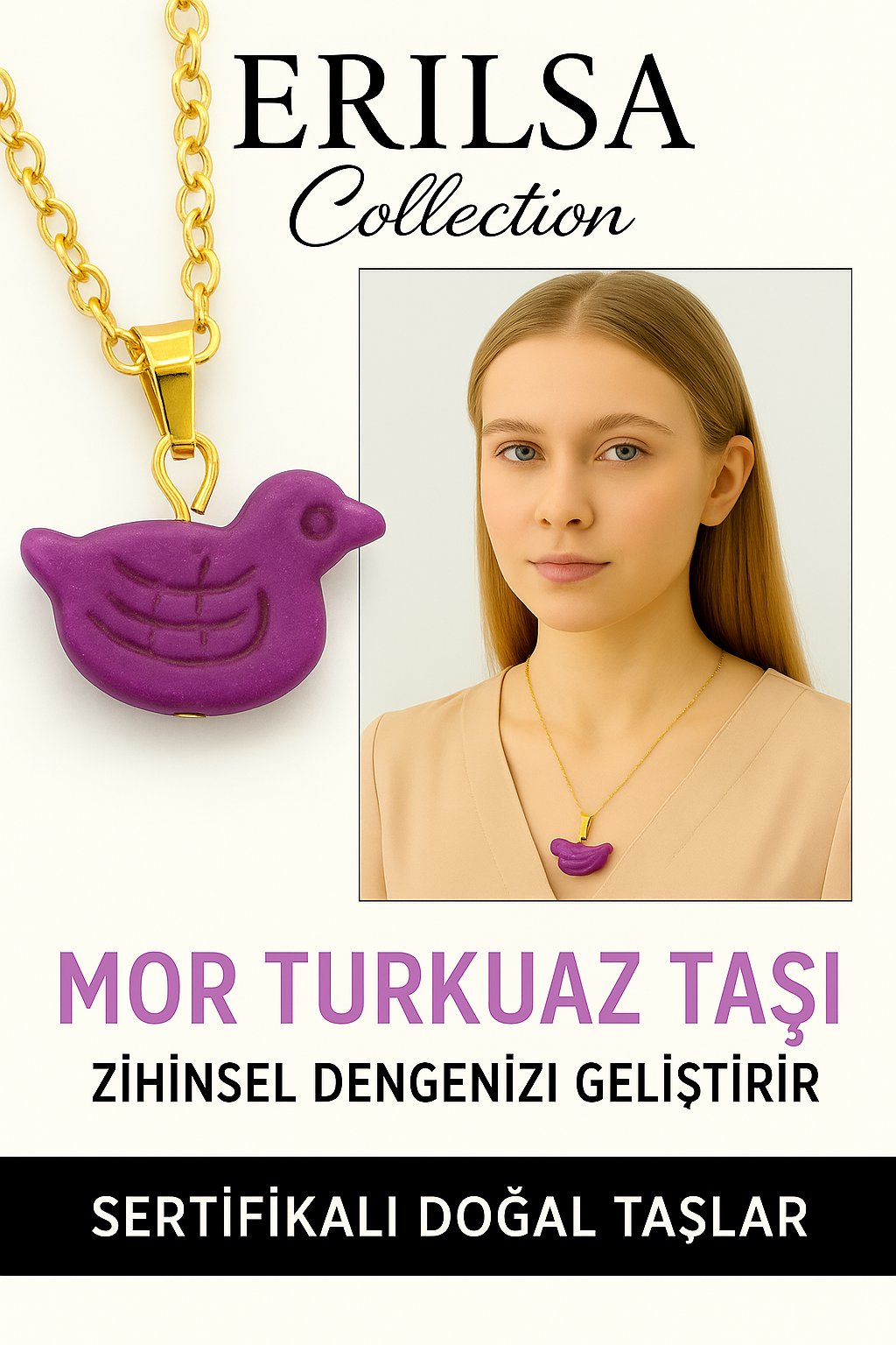 Sertifikalı Kuş Model Mor Turkuaz Taşı Kolye – Ruhsal Denge, Şans ve Koruma Taşı
