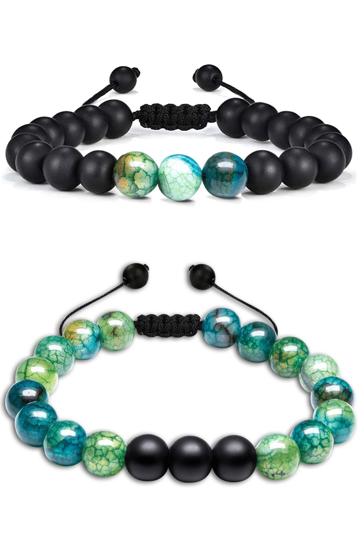 Sertifikalı Gerçek Yeşil Akik Taşı Çift Doğal Taş Bileklik Seti Doğal Mavi Yeşil Renk