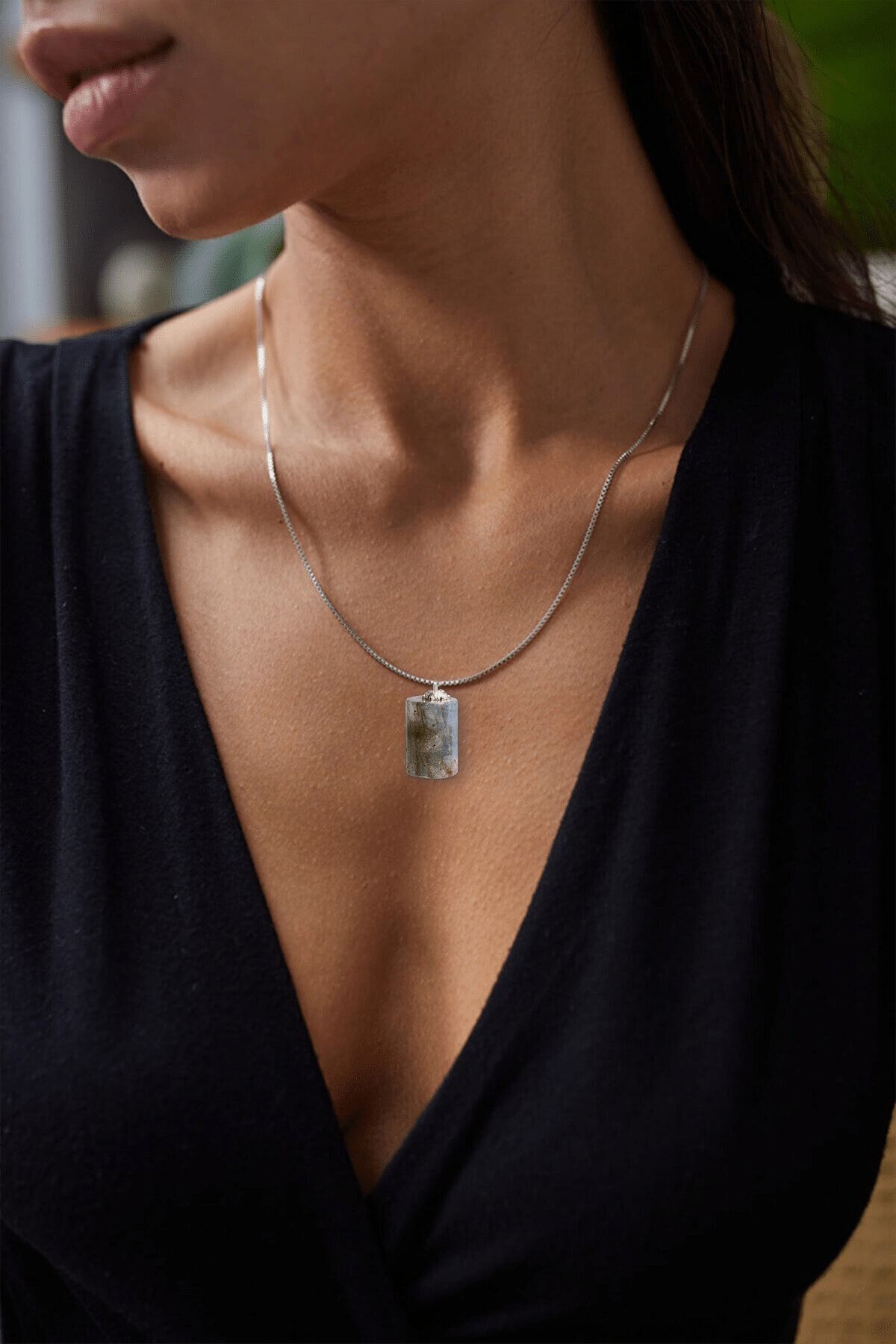 Sertifikalı Yüksek Kalite Fasetli Doğal Labradorit Taşı Kolye Doğal Koyu Gri Renk 50 cm