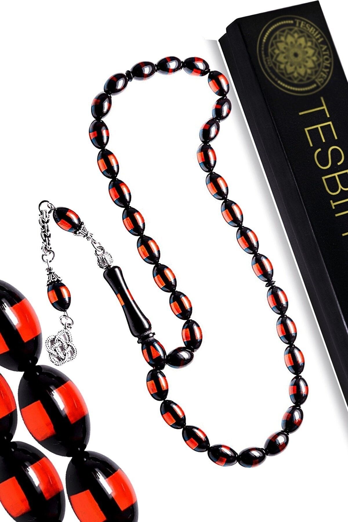 Sertifikalı Kırmızı Siyah Sürmeli Toz Kehribar Tesbih Kırmızı Renk