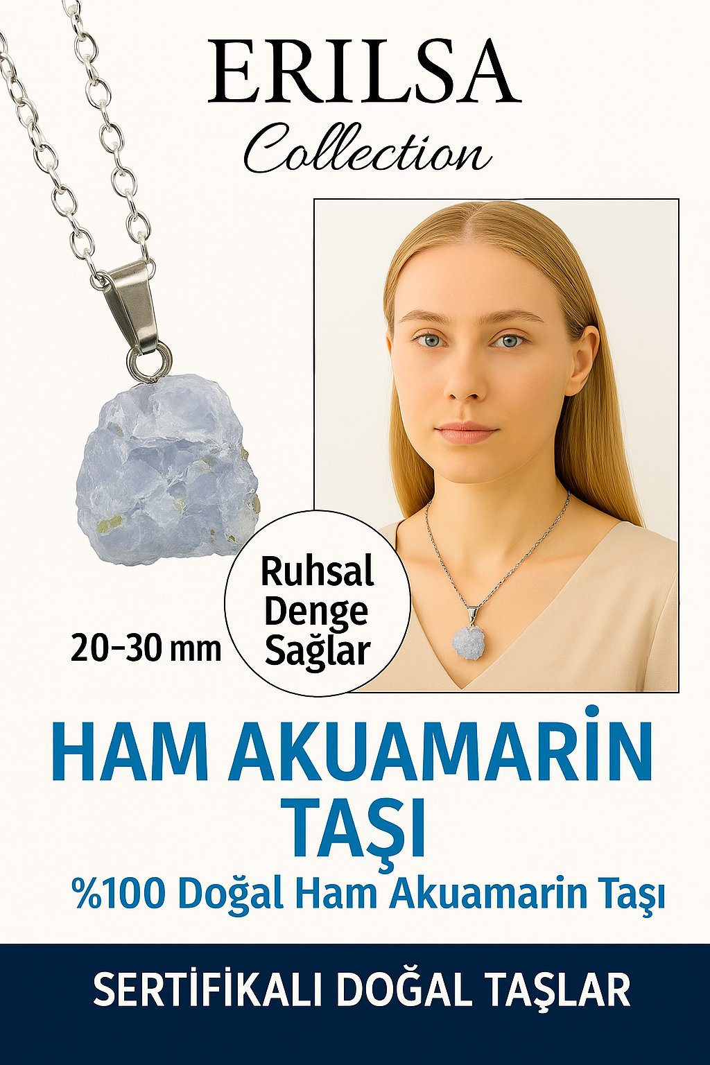 Sertifikalı Ham İşlenmemiş Akuamarin Taşı Kolye – Sakinlik, Akış ve İfade Gücü Taşı