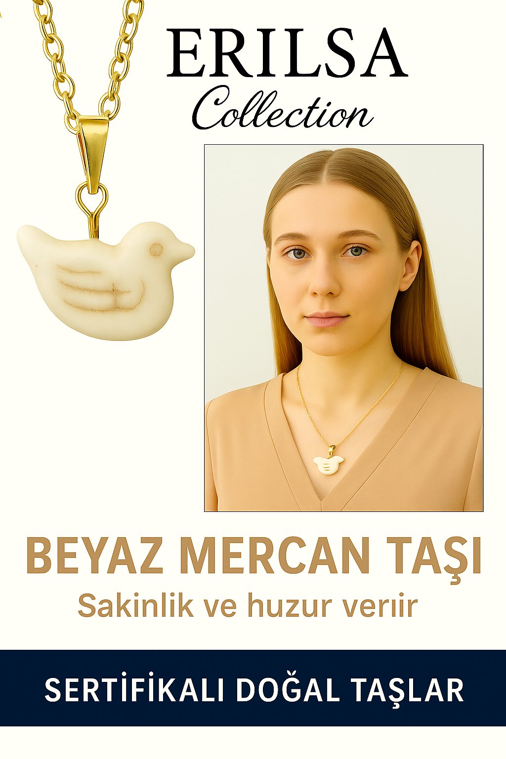 Sertifikalı Altın Renkli Kuş Model Beyaz Mercan Kolye – Huzur ve Özgürlüğün Simgesi