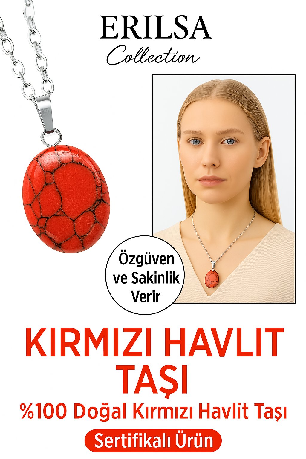 Sertifikalı AAA+ Oval Kırmızı Havlit Taşı Kolye - Gümüş Aparatlı Öfkeyi Azaltır Zihni Sakinleştirir