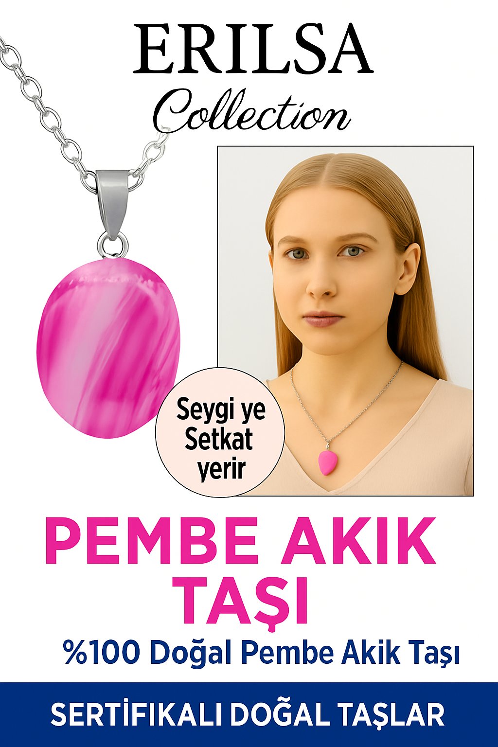 Sertifikalı Oval Pembe Akik Taşı Kolye – Sevgi, Sakinlik ve Ruhsal Denge Taşı