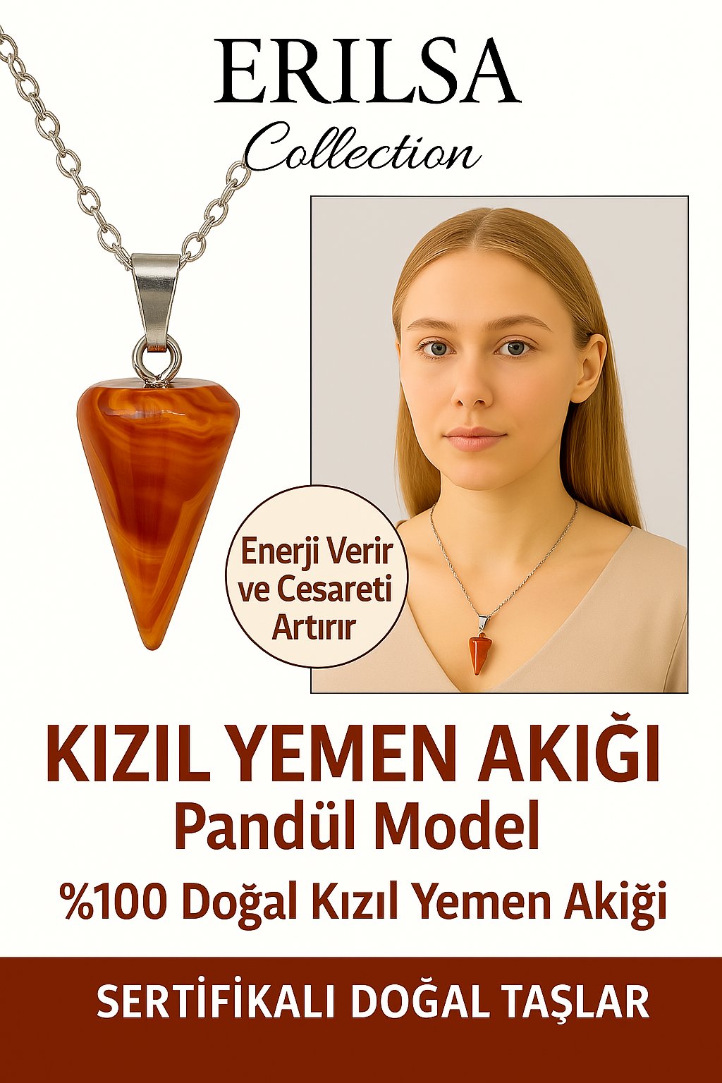 Sertifikalı Pandül Model Kızıl Yemen Akiği Kolye – Nazar ve Stres Karşıtı Koruma Taşı