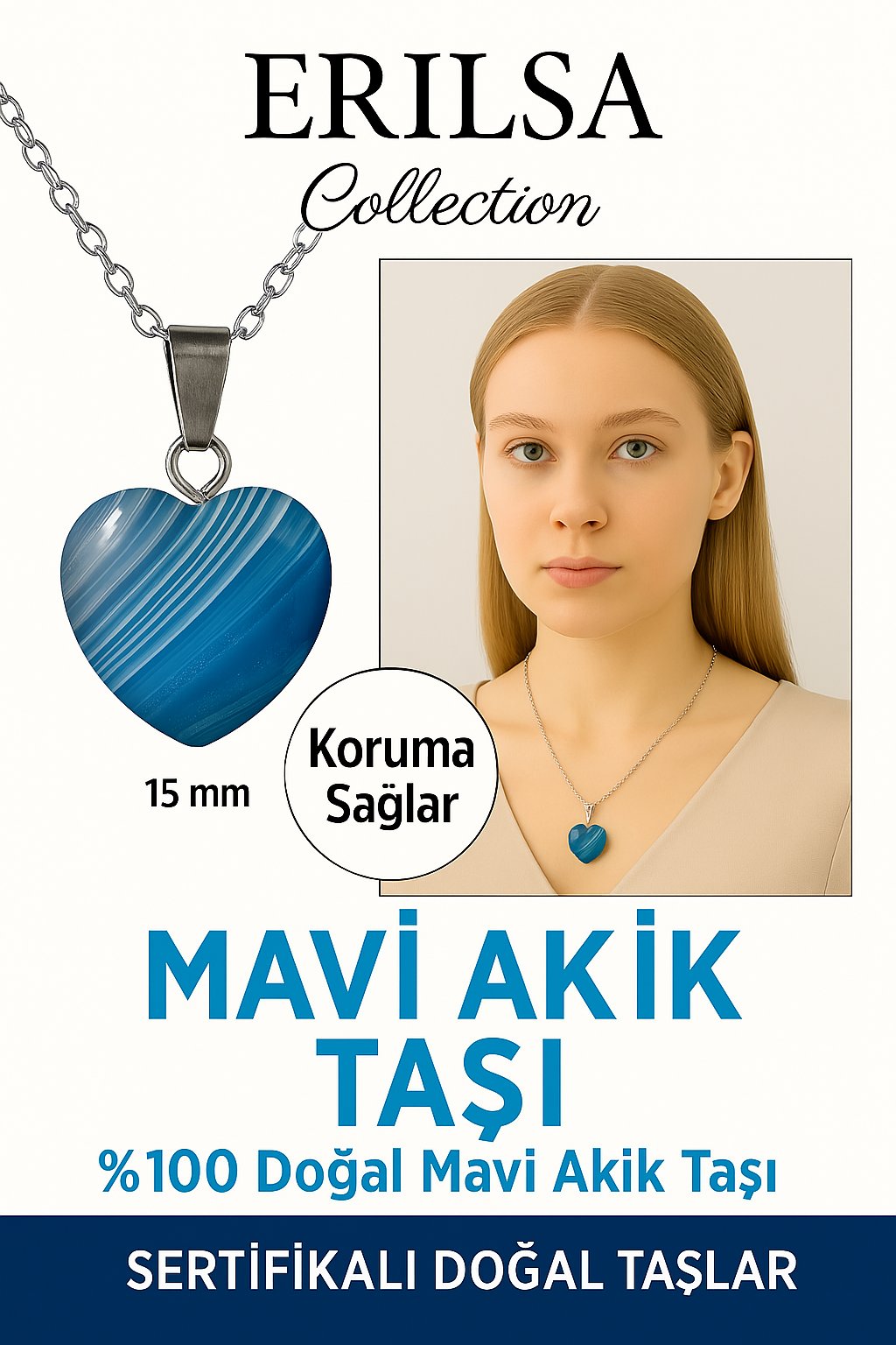 Sertifikalı Kalp Model Mini Mavi Akik Taşı Kolye – Sakinlik, İfade Gücü ve Koruma Taşı