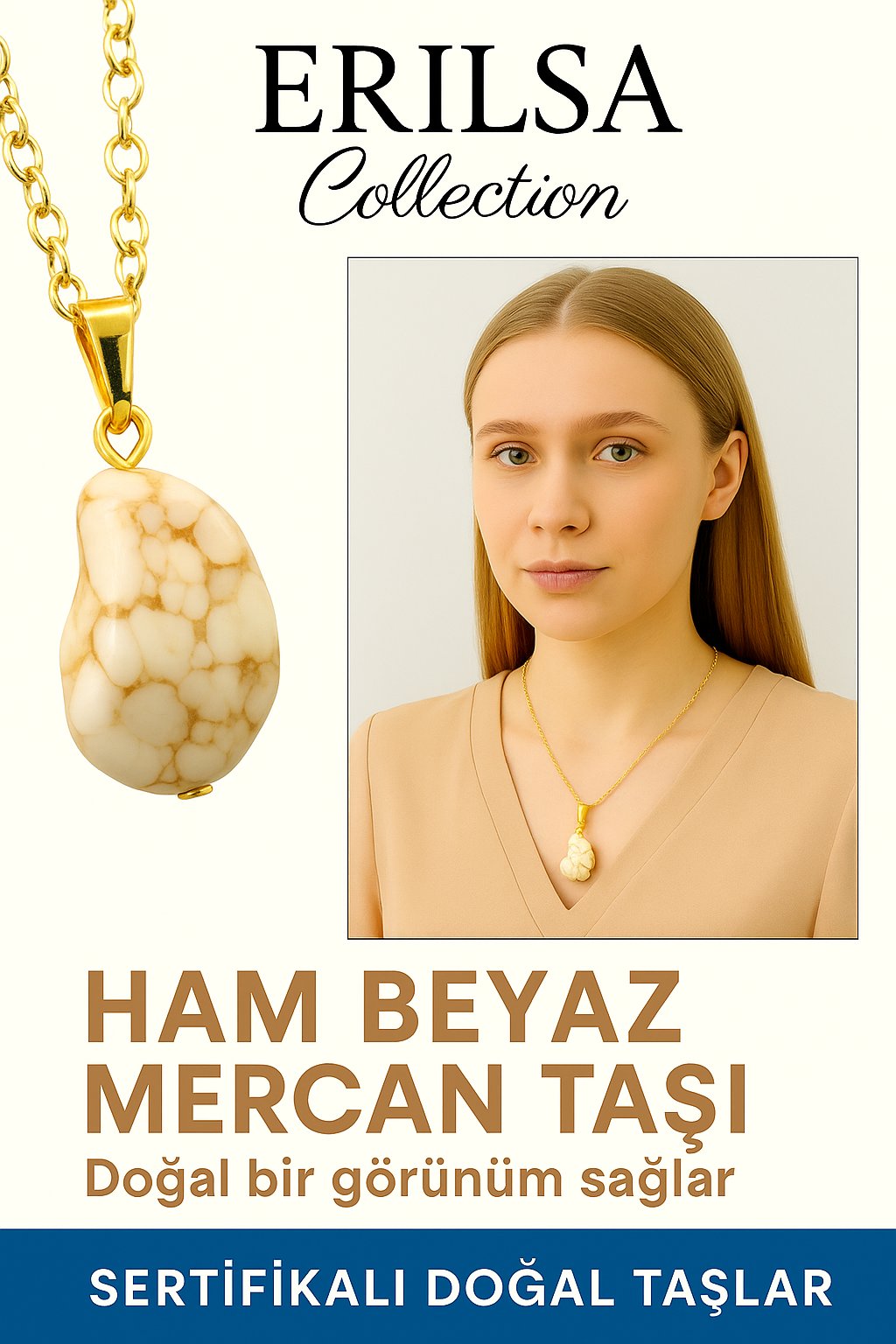 Sertifikalı Altın Renkli Ham Beyaz Mercan Taşı Kolye – Saflık, Huzur ve Spiritüel Koruma