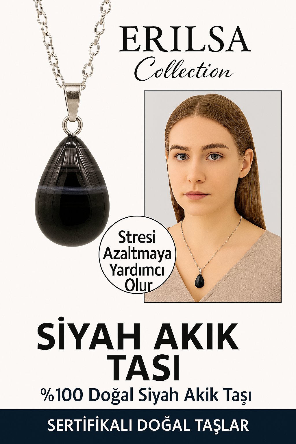 Sertifikalı Damla Model Siyah Göz Akiği Taşı Kolye – Stresi Azaltan ve Dengeleyen Doğal Taş