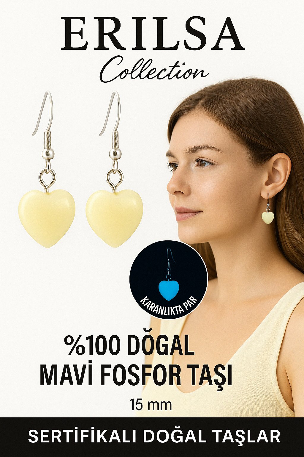 Sertifikalı Kalp Model Mavi Fosfor Taşı Küpe – Parlayan Enerji ve Ruhsal Canlılık Taşı