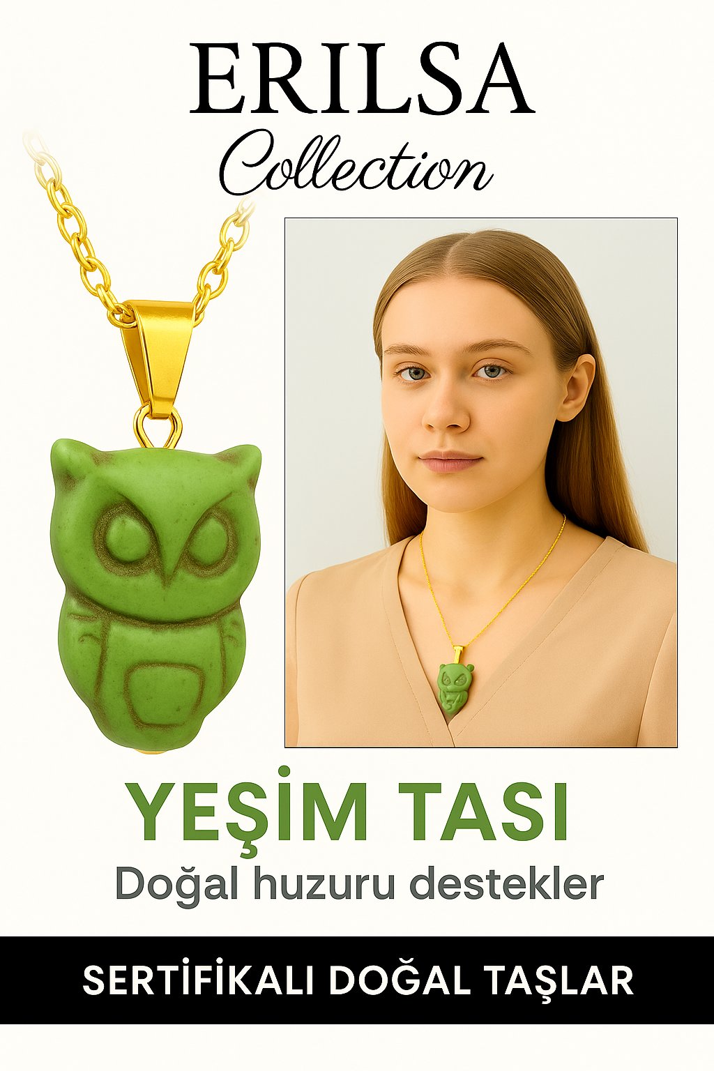 Sertifikalı Sarı Renkli Baykuş Model Yeşim Taşı Kolye – Bilgelik, Huzur ve Bereket Taşı