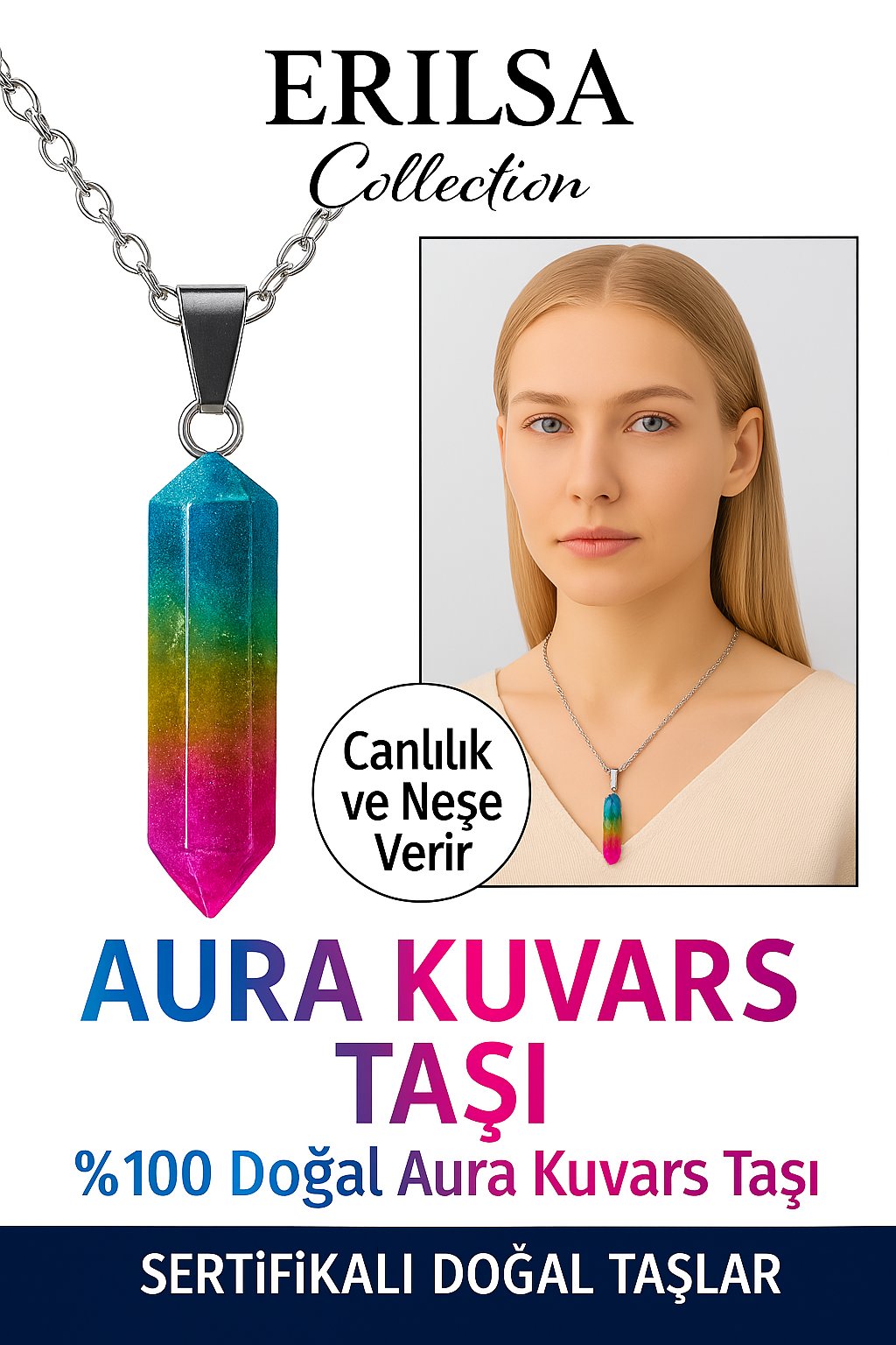 Sertifikalı Ham İşlenmemiş Multicolor Aura Kuvars Taşı Kolye – Canlılık ve Neşe Veren Doğal Taş