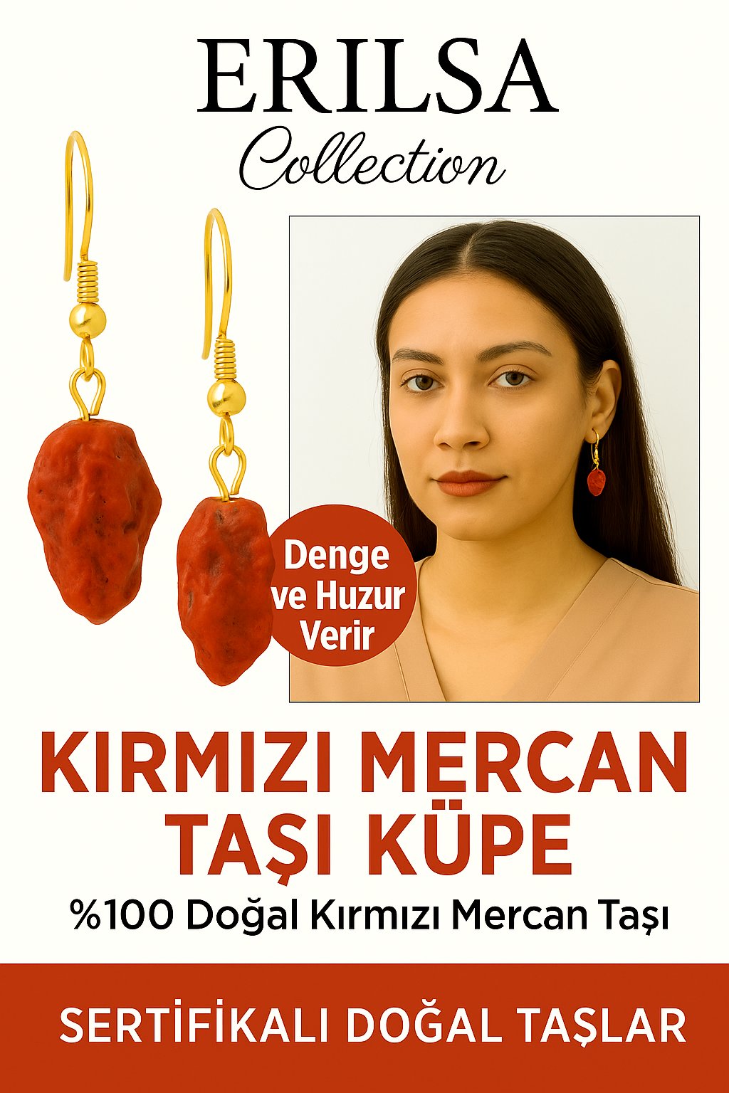 Sertifikalı Altın Kaplama Ham Doğal Kırmızı Mercan Taşı Küpe – Tutku, Enerji ve Dişil Gücü Yükseltir