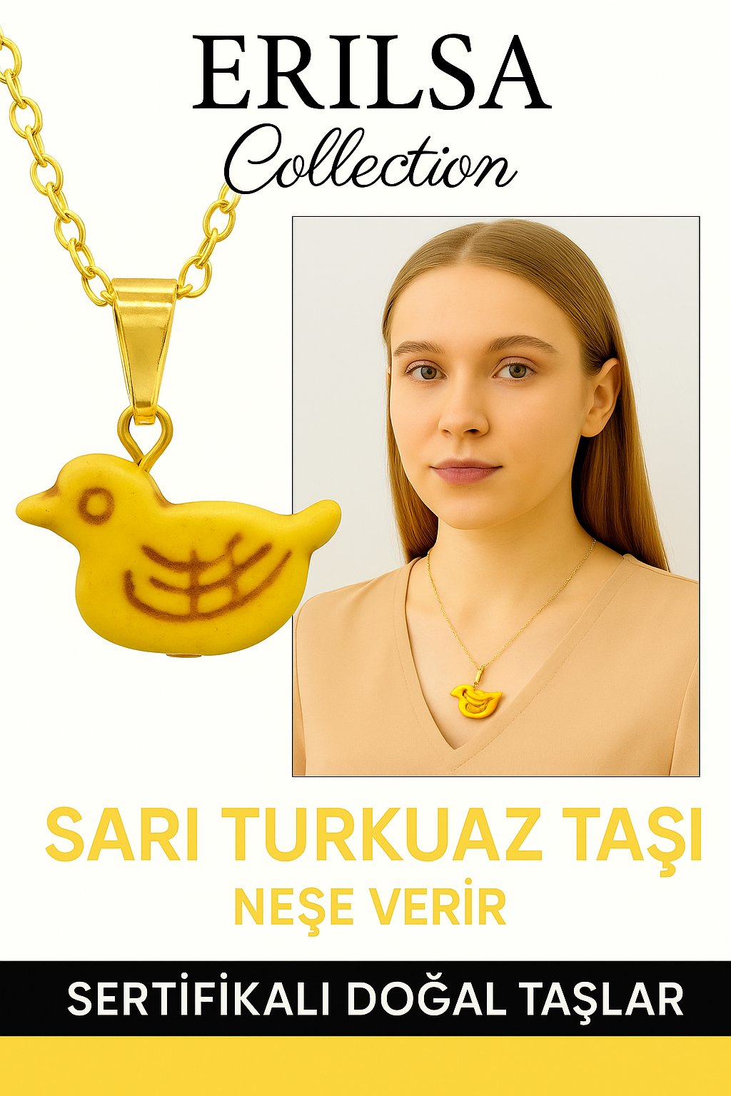 Sertifikalı Sarı Renkli Kuş Model Firuze (Turkuaz) Taşı Kolye – Özgürlük, Şans ve Koruma Taşı