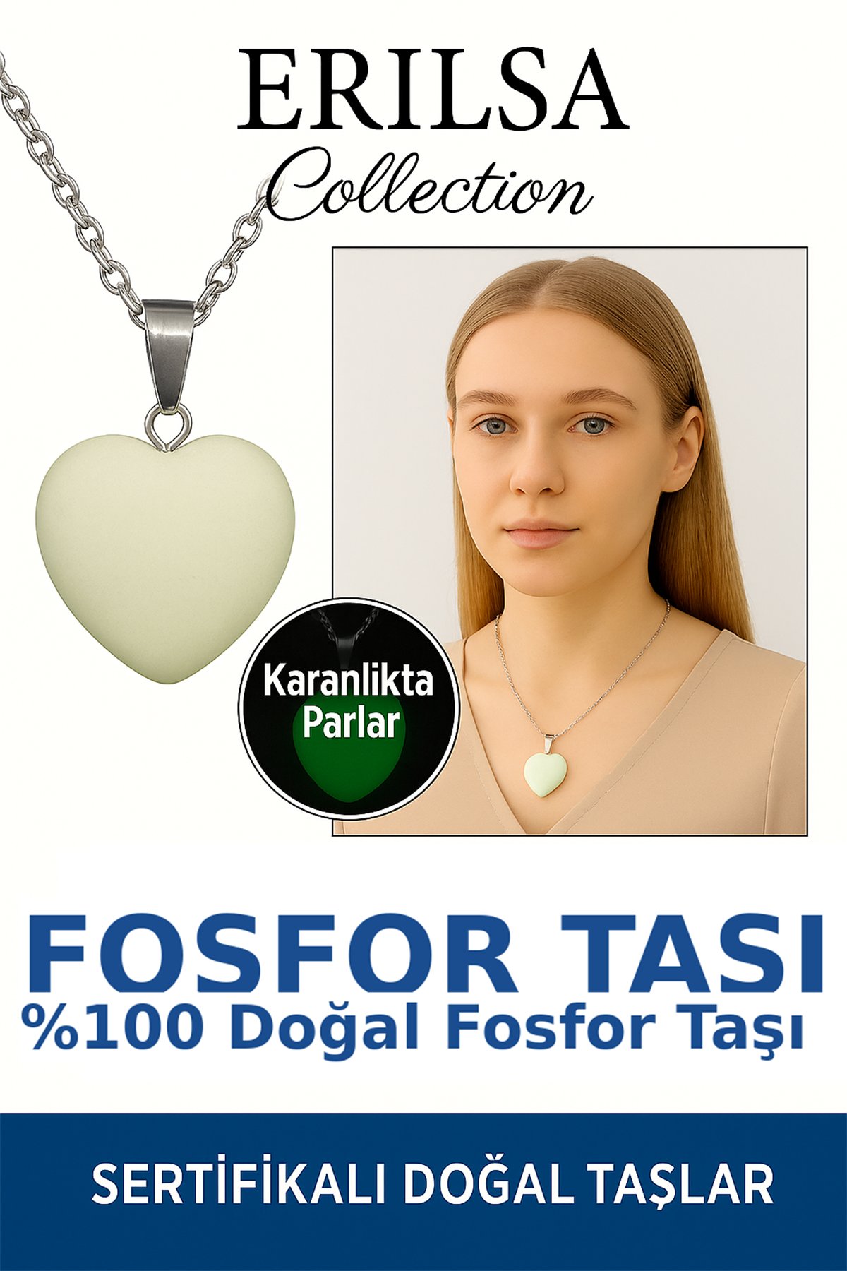 Sertifikalı Kalp Model Mini Fosfor Taşı Kolye – Işık Yayan Enerji ve Pozitif Titreşim Taşı