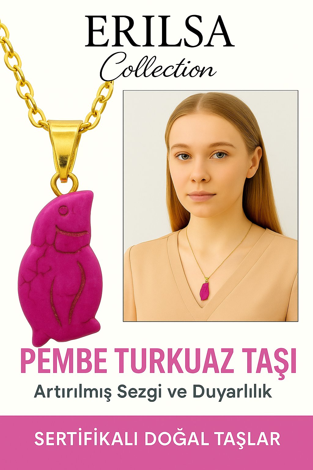 Sertifikalı Pembe Renkli Penguen Model Turkuaz Taşı Kolye – Şans, Pozitif Enerji ve Ruhsal Koruma